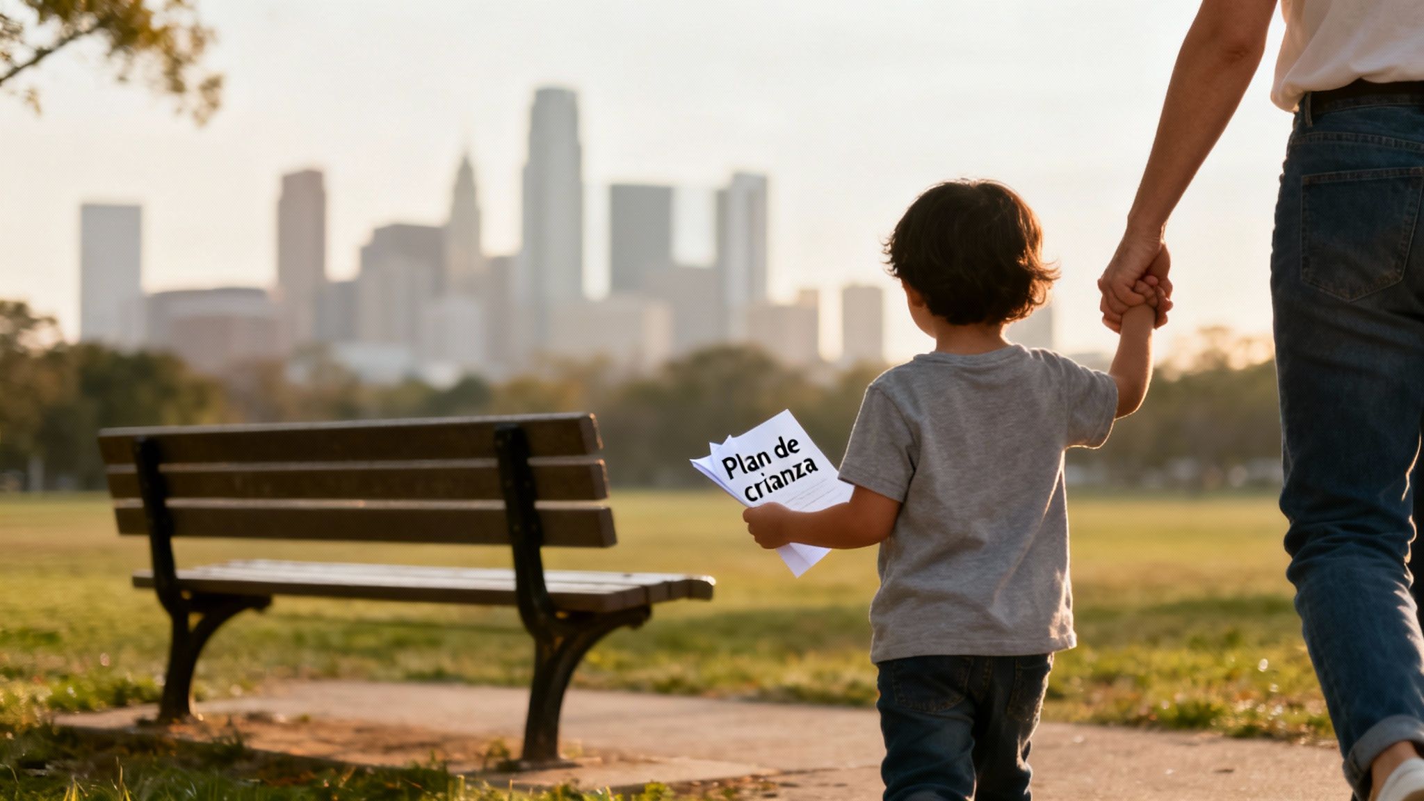Un niño y un adulto caminan de la mano en un parque al atardecer, con la ciudad de fondo. El niño lleva un 'Plan de crianza'.