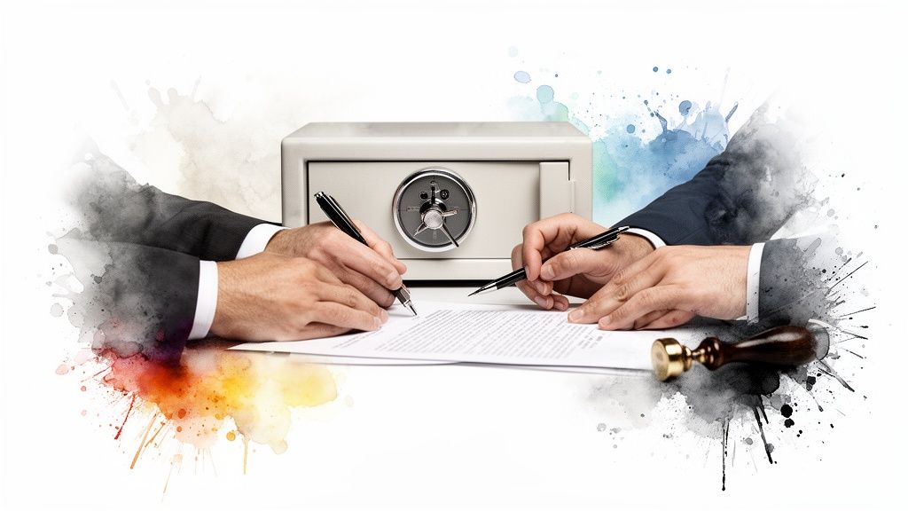 Two businesspeople signing a legal contract with a safe box and wax seal, symbolizing agreement and security.