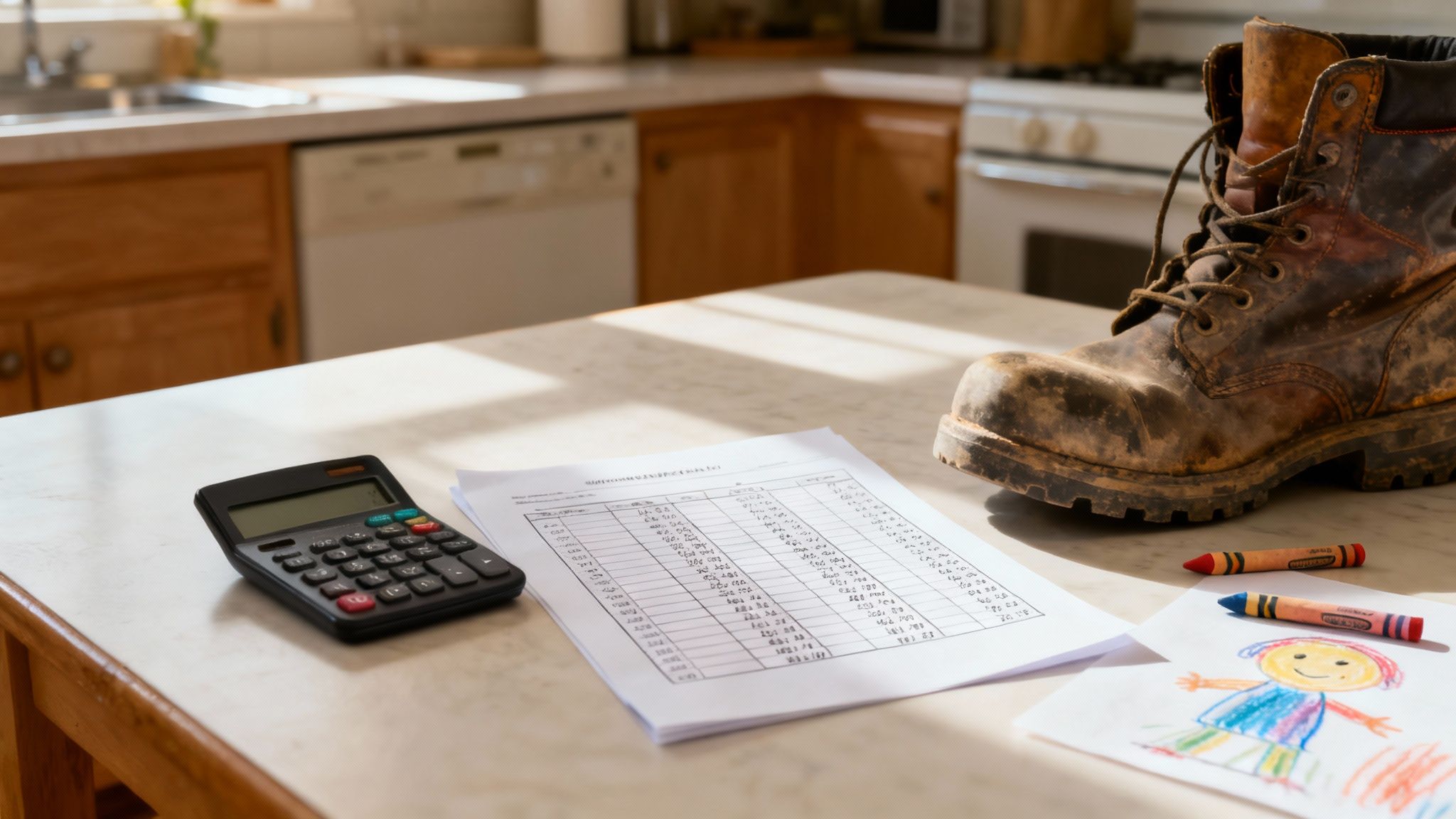 A calculator, financial papers, dirty work boots, and a child's drawing on a kitchen counter.