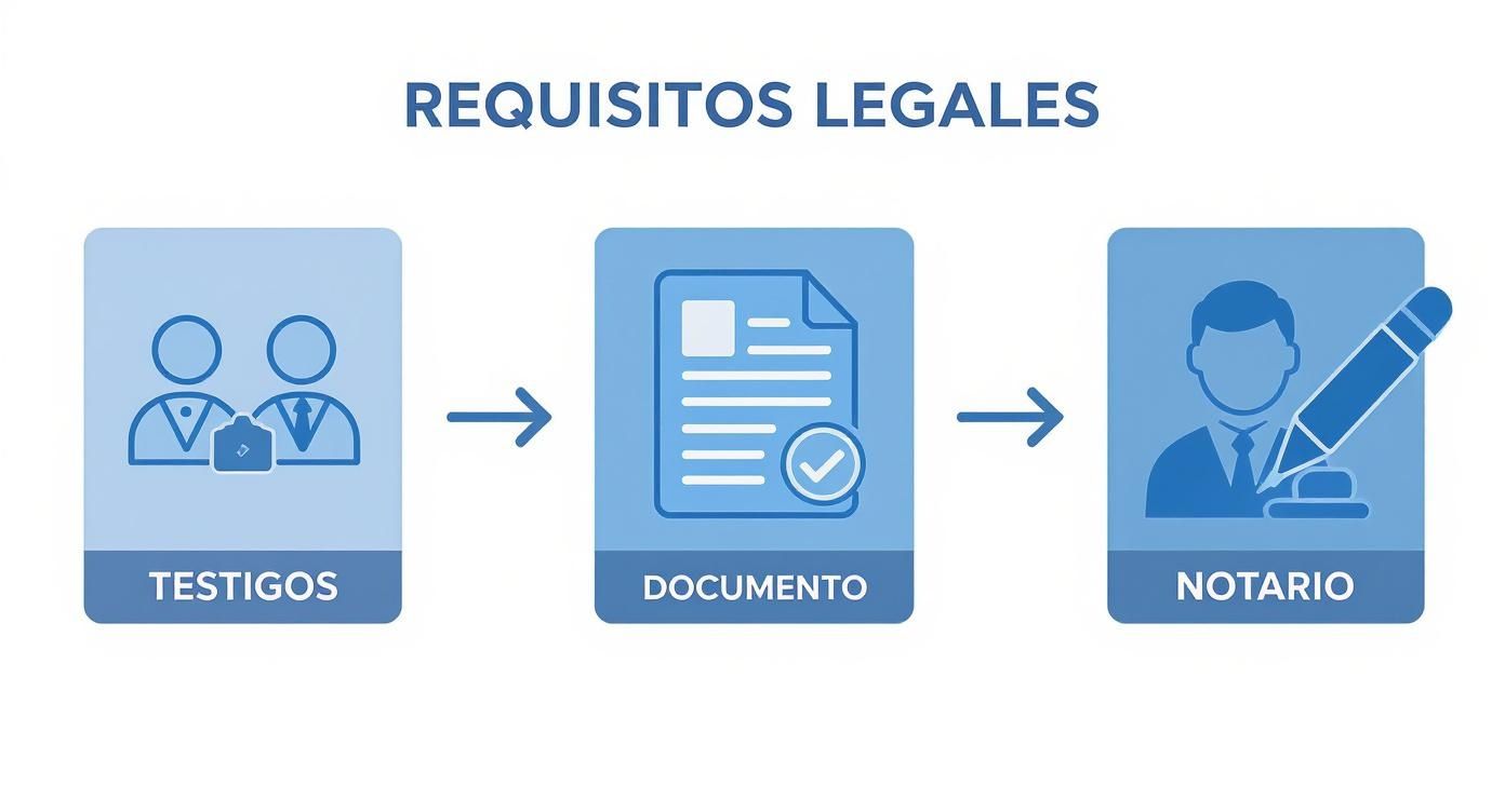 Infografía que muestra el proceso de tres pasos para un affidavit de herederos en Texas: Testigos, Documento y Notario.