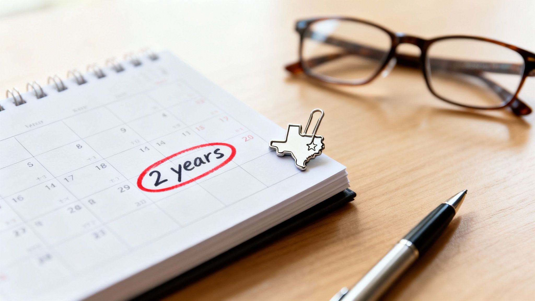 A calendar marked with '2 years' in red, a Texas paperclip, pen, and glasses on a wooden desk.