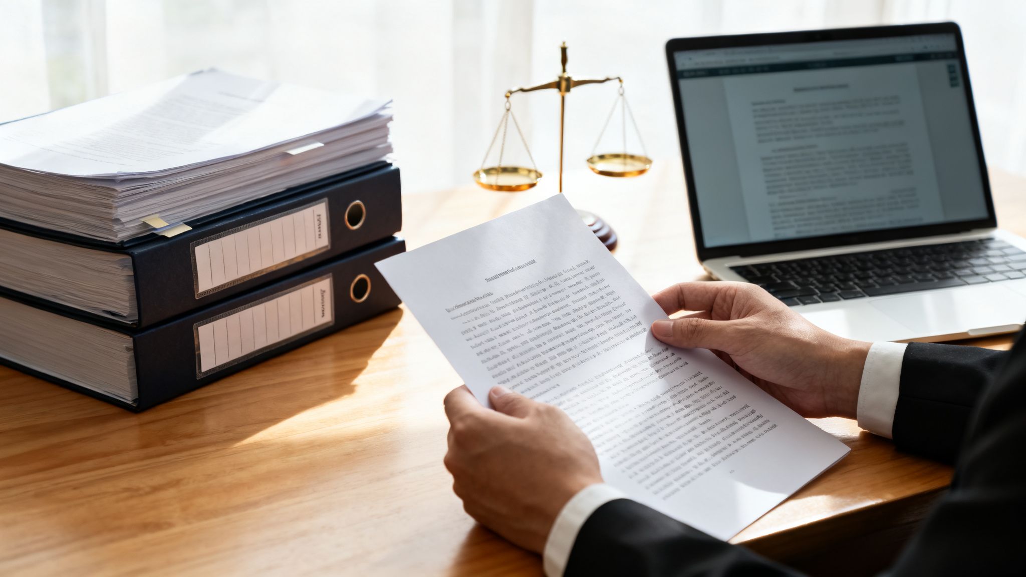 Professional reviews documents, surrounded by legal files, a laptop, and scales of justice on a desk.