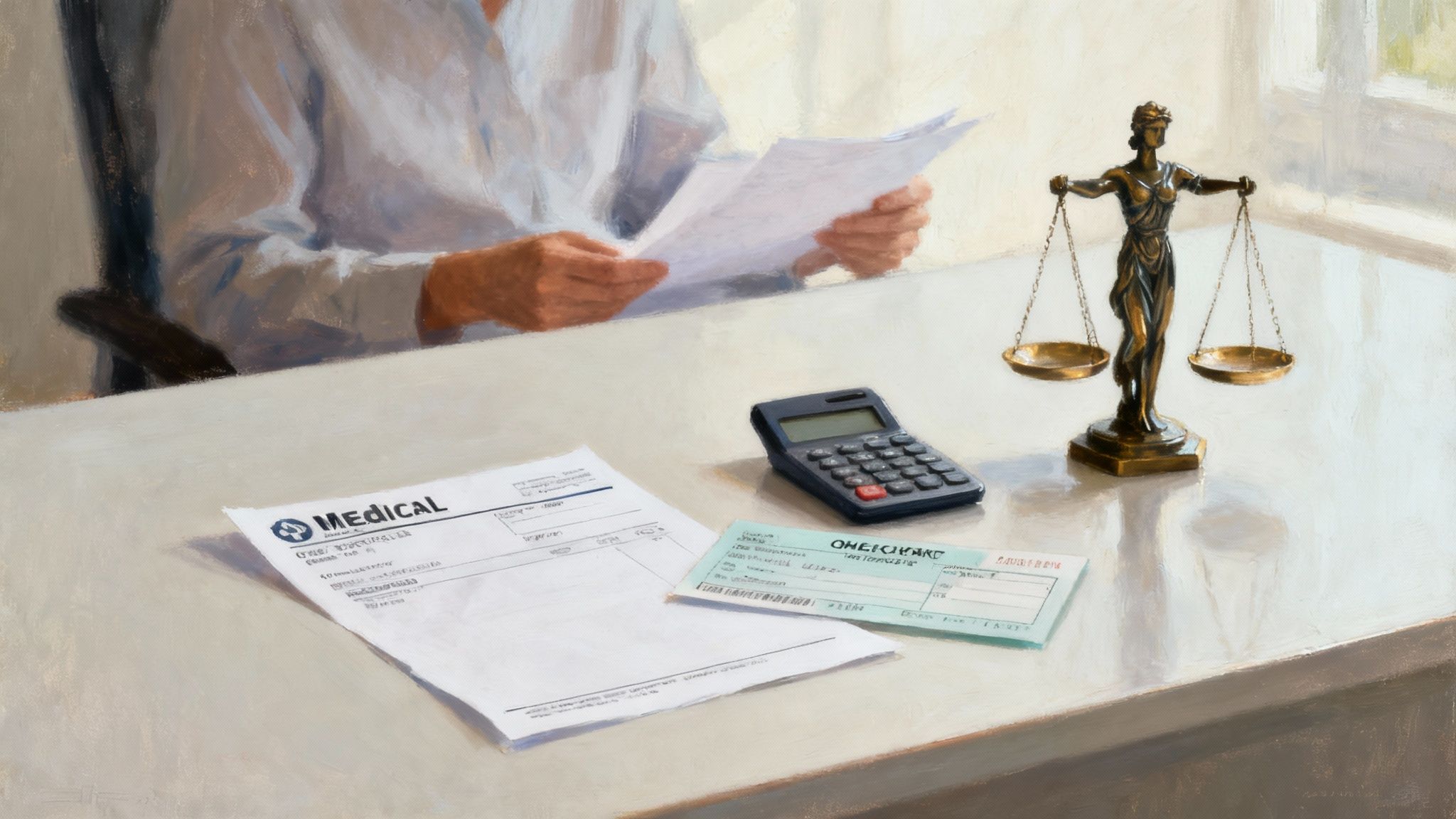 A lawyer reviewing legal documents in an office, representing legal support.