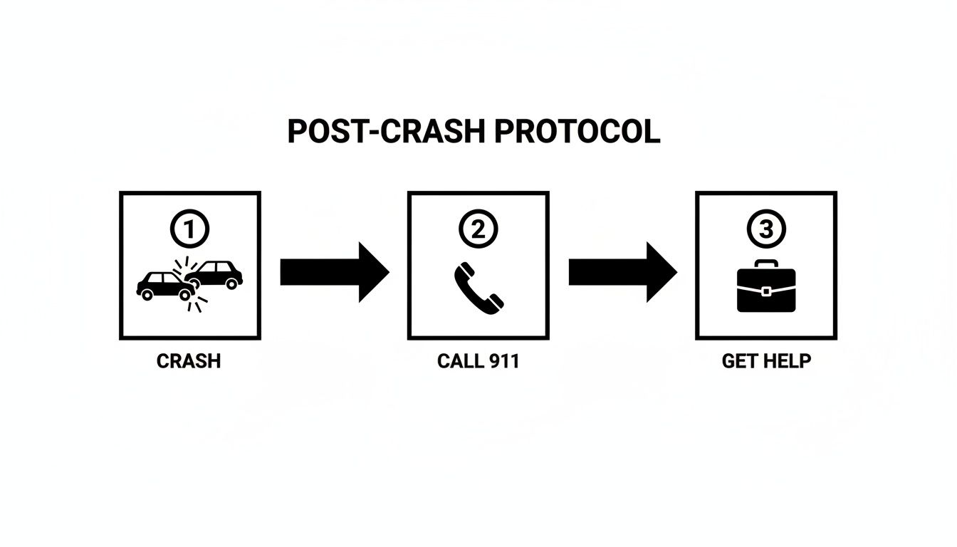 A black and white diagram illustrating a 3-step post-crash protocol: crash, call 911, and get help.