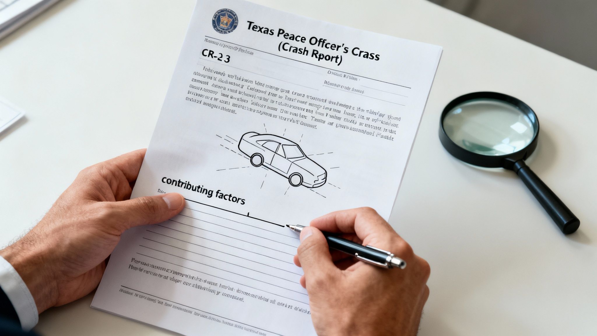 Hands writing on a Texas Peace Officer's Crash Report with a pen, next to a magnifying glass.