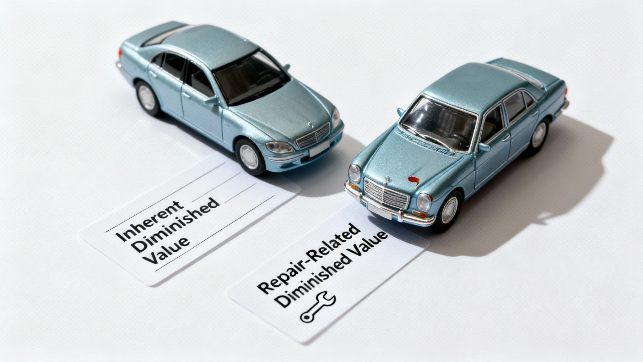 Two light blue toy cars with cards explaining 'Inherent' and 'Repair-Related Diminished Value'.