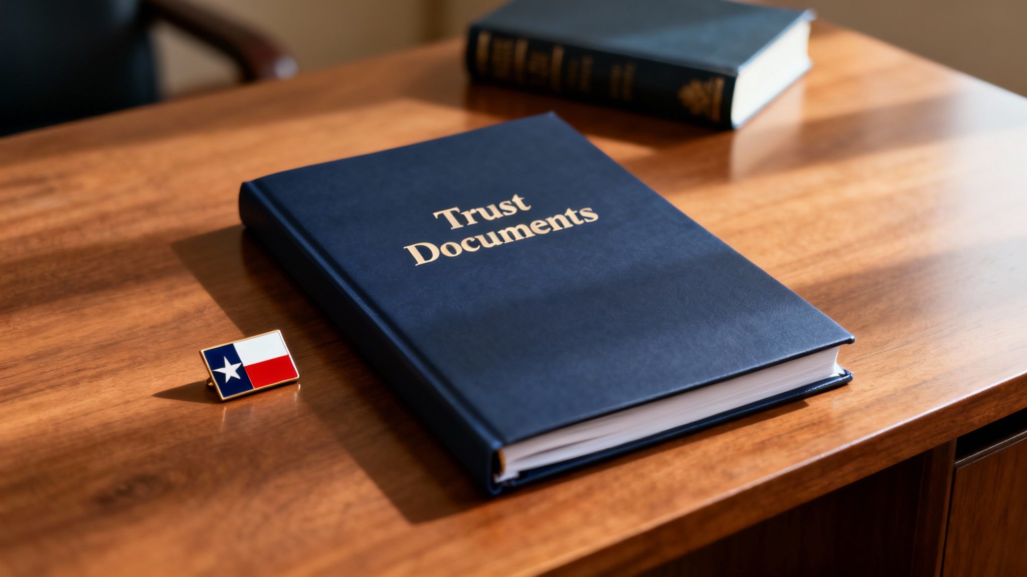 A dark blue 'Trust Documents' binder and a Texas flag lapel pin on a wooden desk.