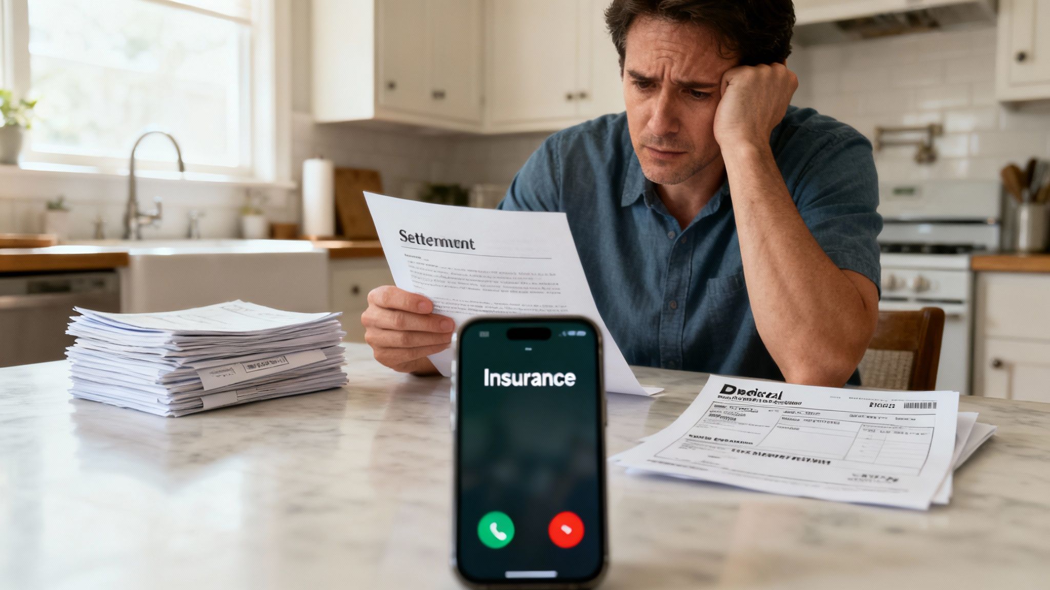 An insurance adjuster sitting at a desk reviewing a claim file, looking professional but calculating.