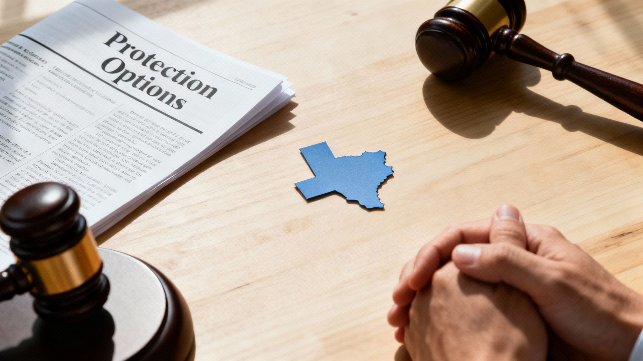 A person signing a legal document on a desk with a gavel and law books.