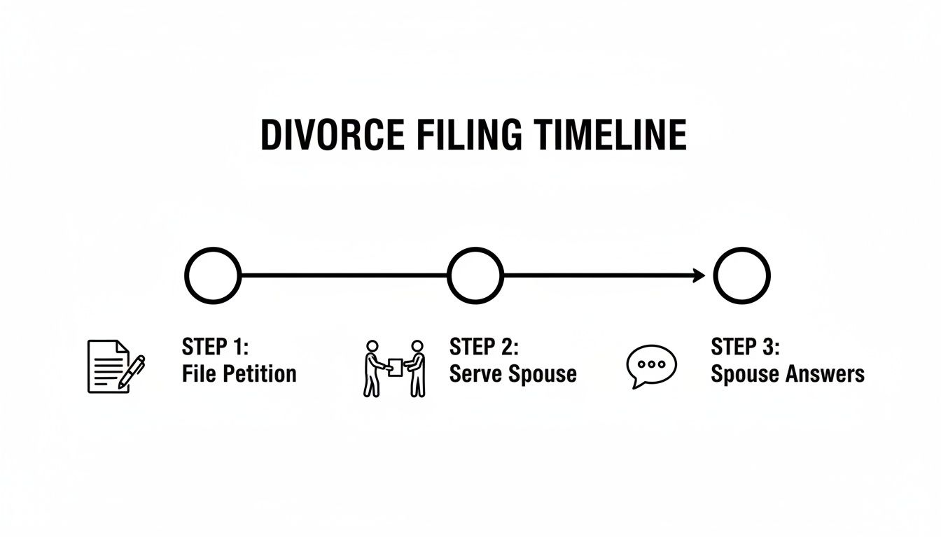 Divorce filing timeline infographic outlining three steps: filing petition, serving spouse, and spouse answering, relevant to Texas divorce procedures.
