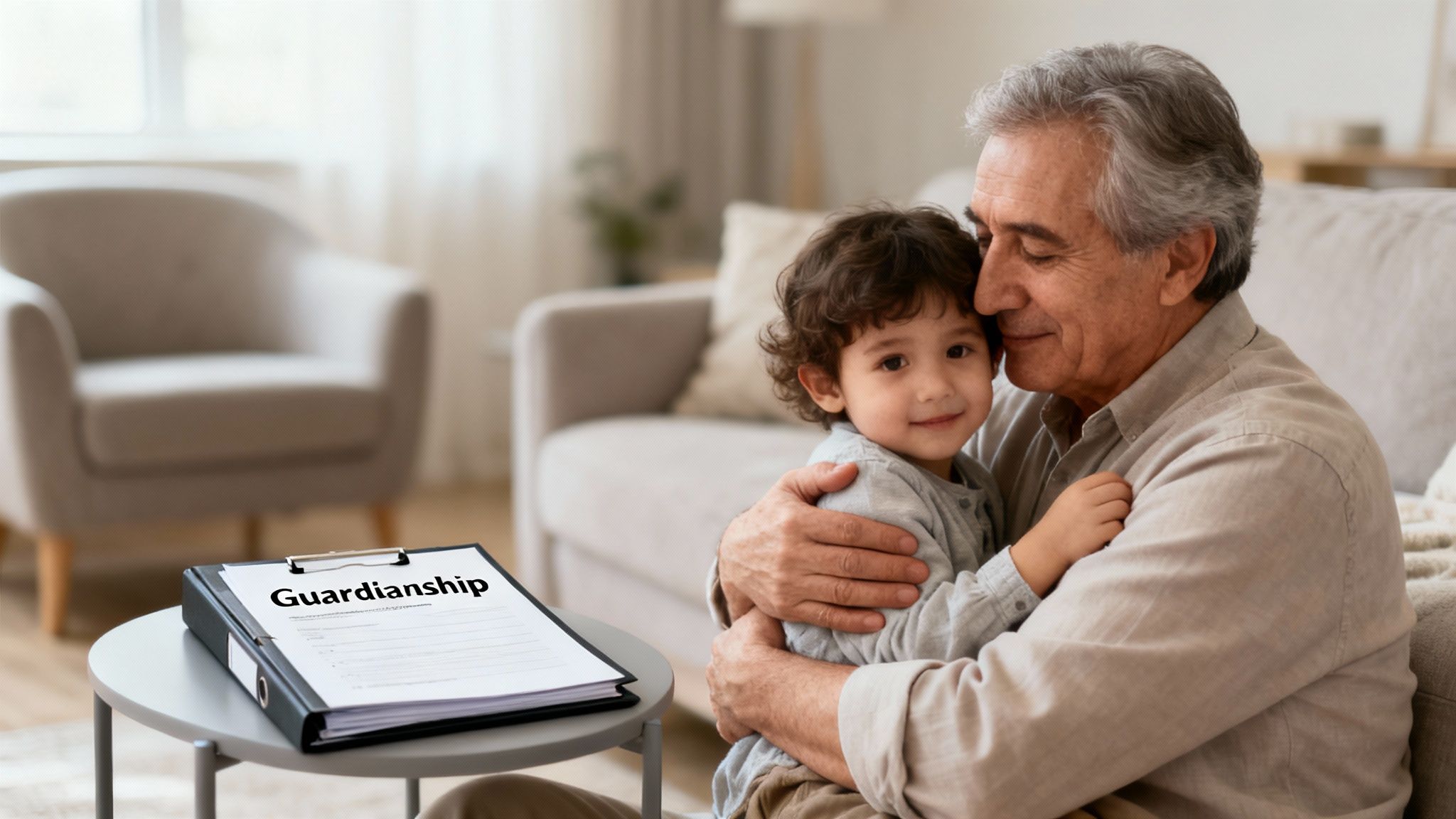 An elderly man gently hugs a young child, with a document labeled "Guardianship" on a nearby table, symbolizing legal care.