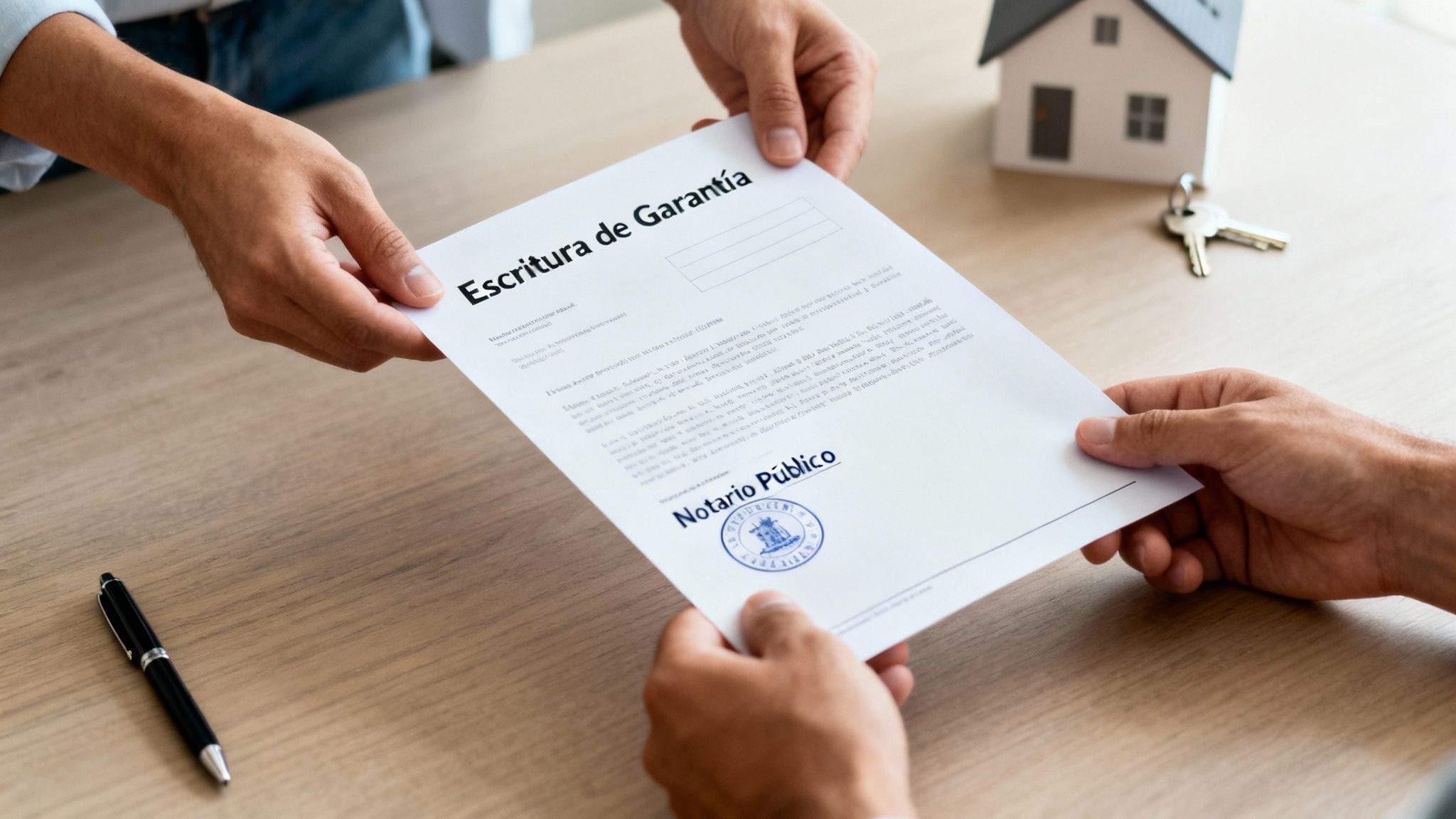 Manos entregando una escritura de garantía notarial sobre una mesa de madera con casa y llaves.