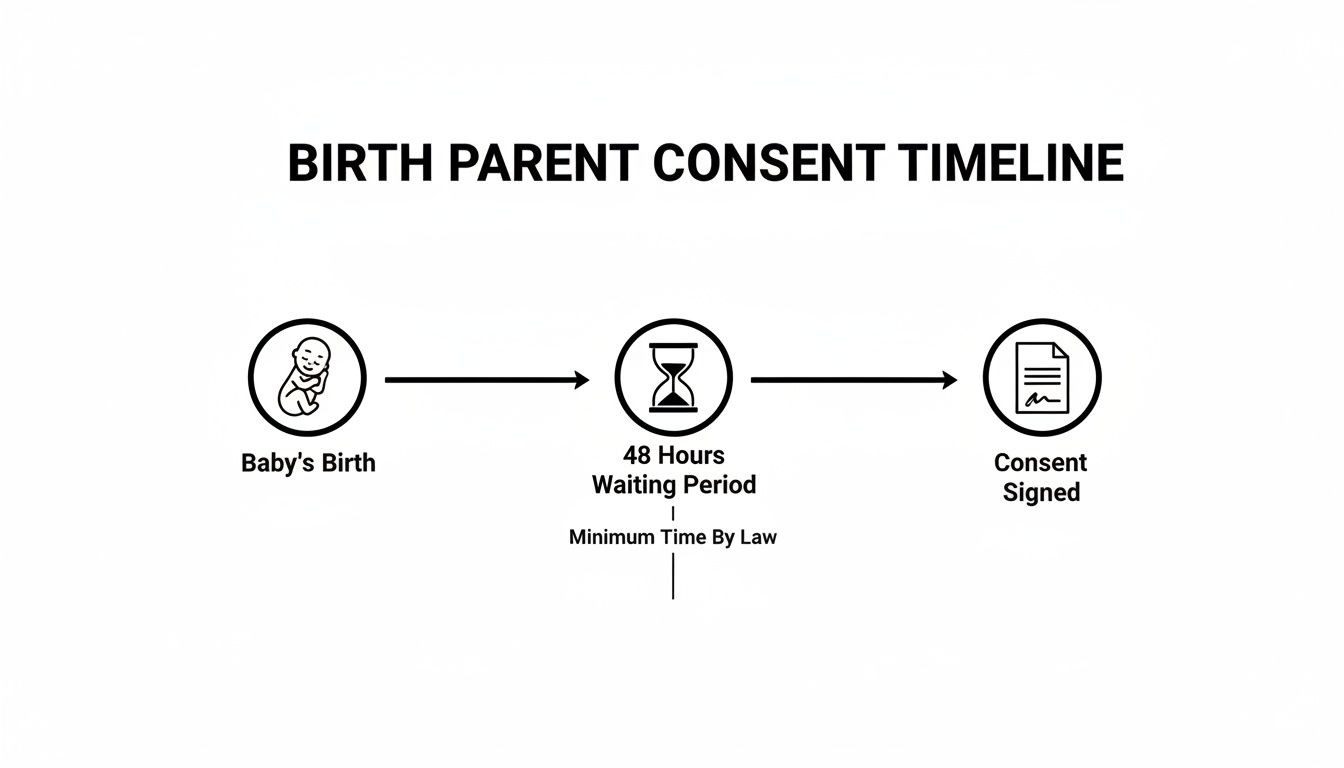 Timeline showing the birth parent consent process: baby's birth, 48-hour waiting period, and consent signed.