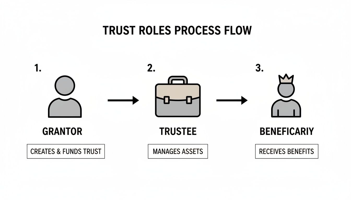 Flowchart showing trust roles process: Grantor creates and funds, Trustee manages assets, and Beneficiary receives benefits.