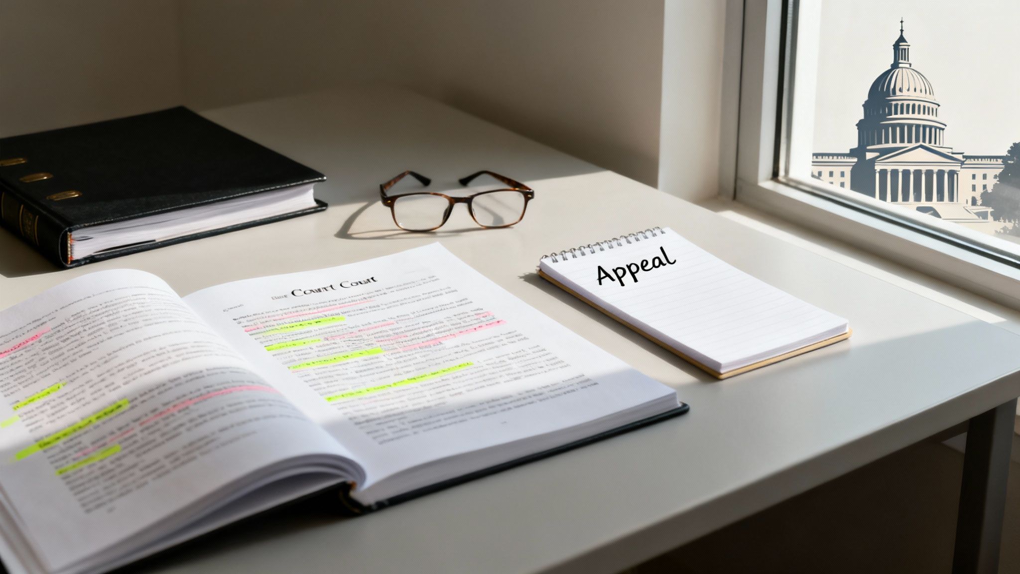 A desk with open legal books, highlighted papers, glasses, and a notebook with 'Appeal' written, overlooking a Capitol building.