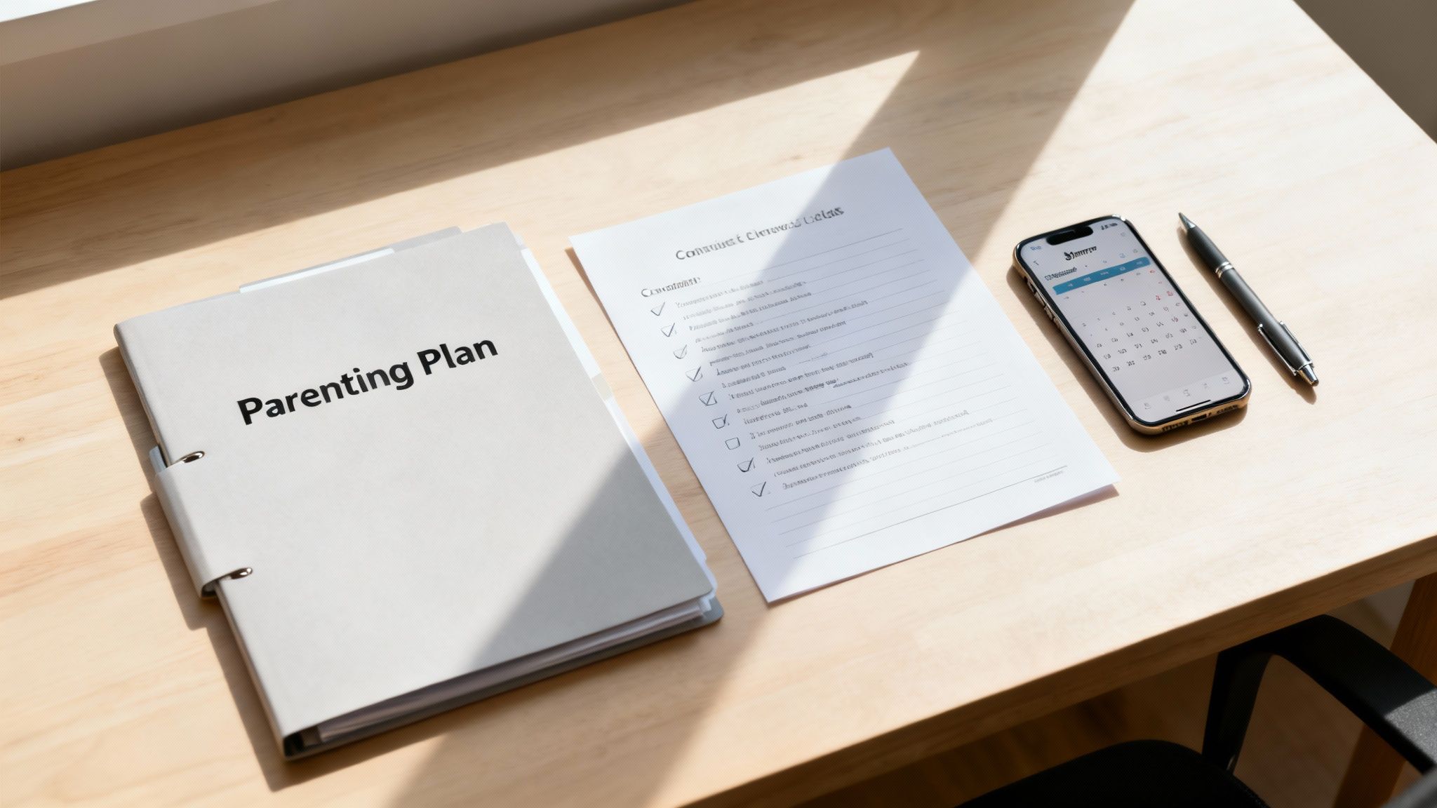 A "Parenting Plan" binder, a checklist document, a smartphone with a calendar, and a pen on a wooden desk.