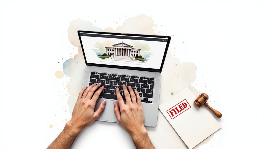 Hands typing on a laptop with a courthouse image on the screen, alongside a document labeled "FILED" and a gavel, symbolizing the expunction petition filing process in Texas.