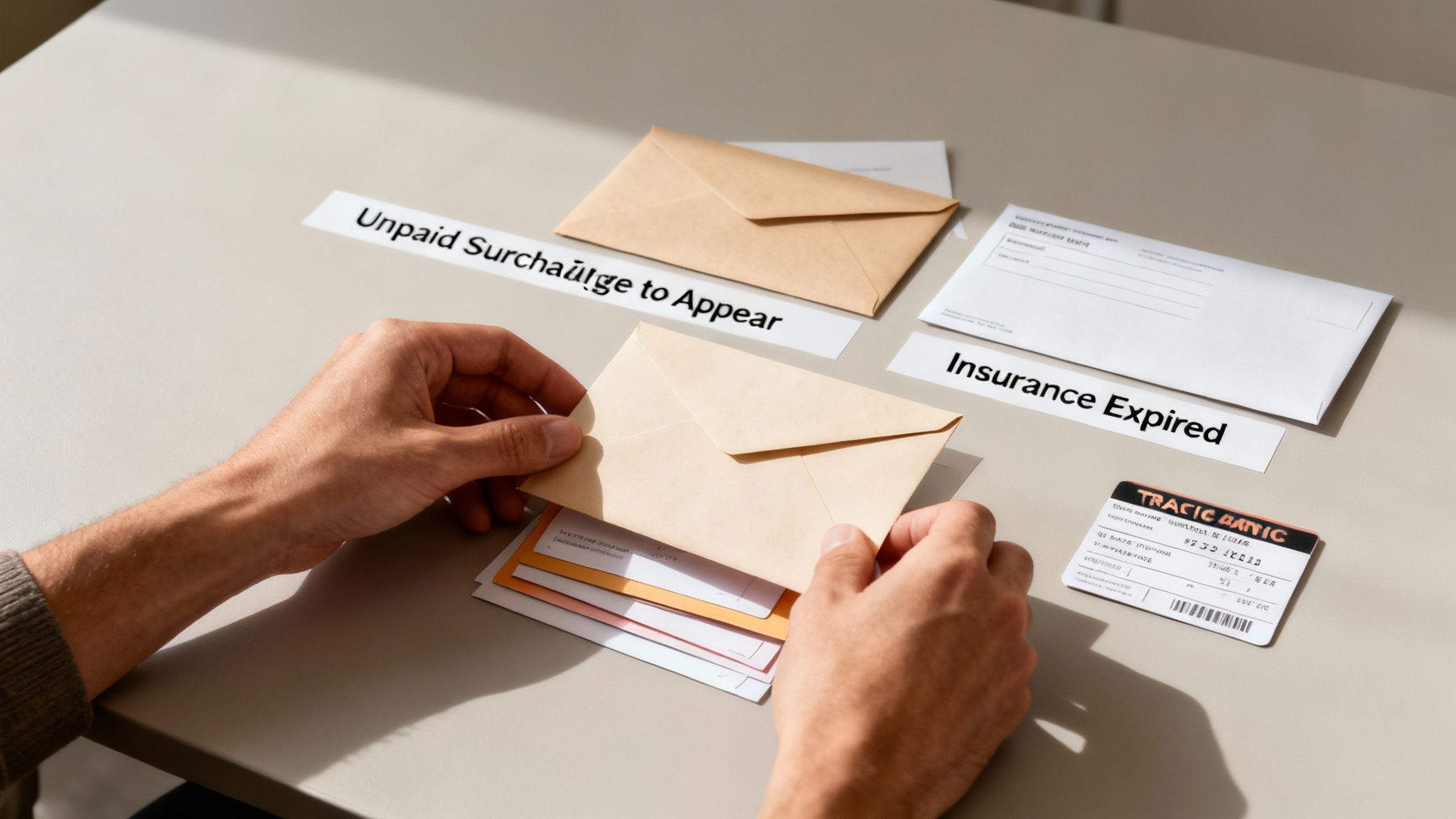 Hands holding mail about an unpaid surcharge and expired insurance on a table.