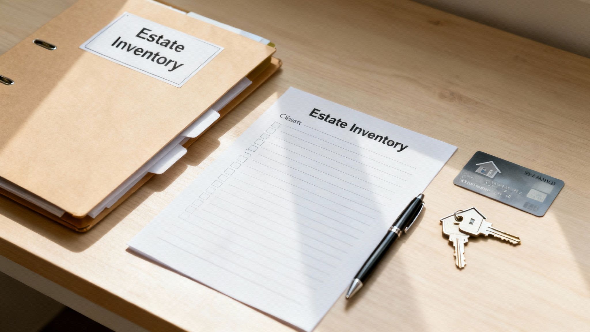 Estate inventory checklist form with pen, house keys, and credit card on wooden desk