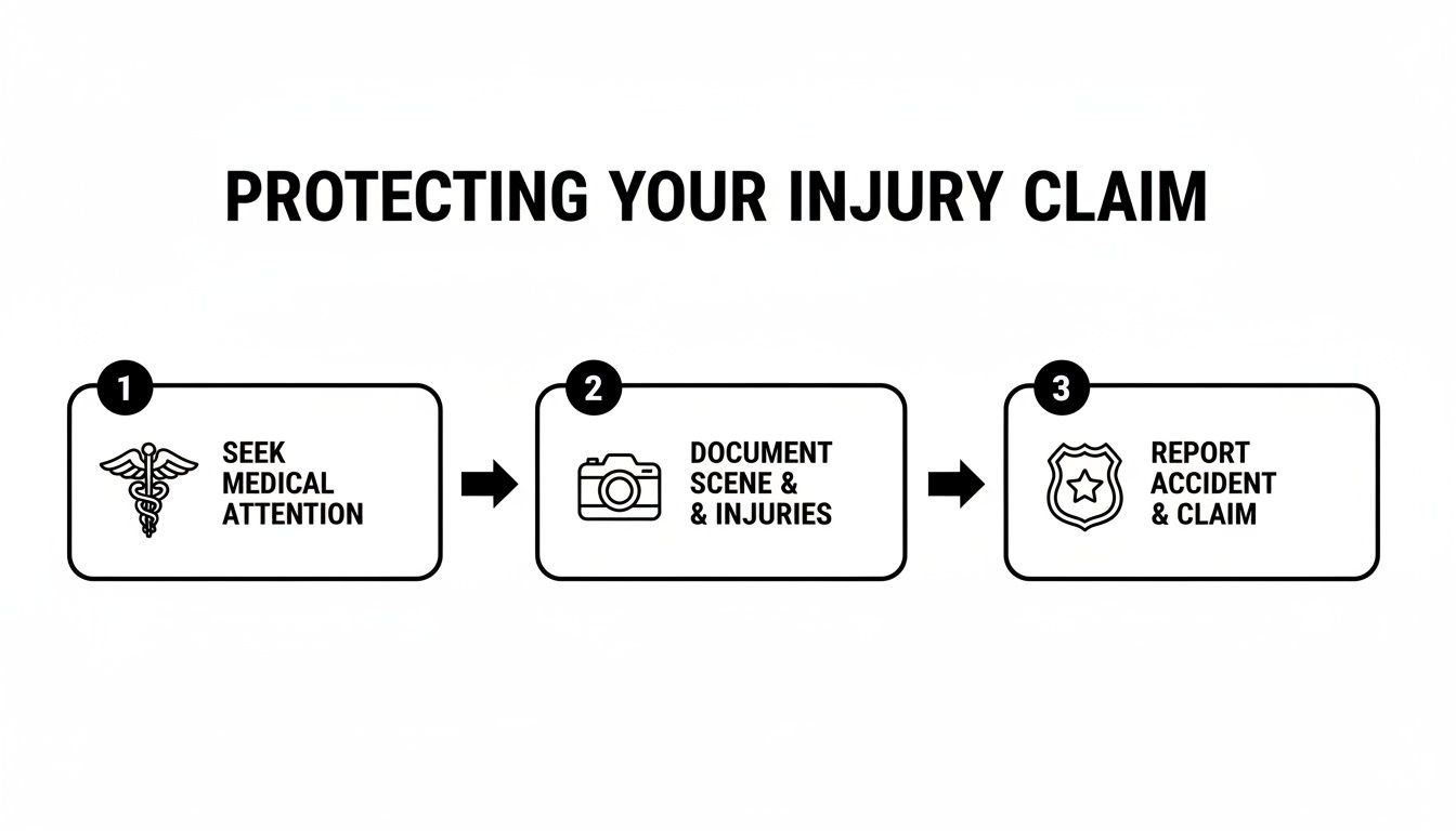 A three-step guide to protecting an injury claim, showing seeking medical attention, documenting the scene and injuries, and reporting the accident and claim.