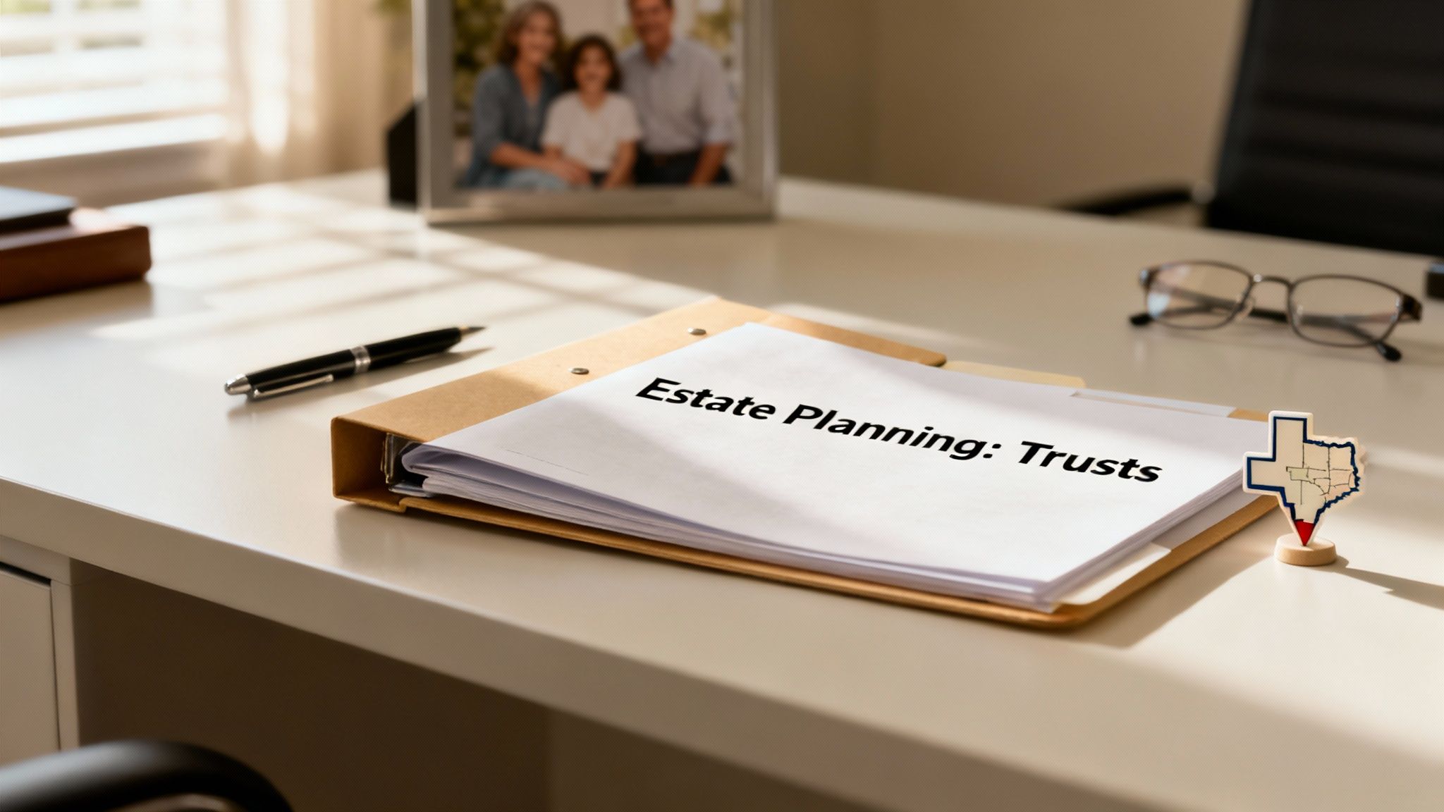 Estate planning documents labeled "Estate Planning: Trusts" on a desk, with a Texas map marker, symbolizing estate planning in Texas.
