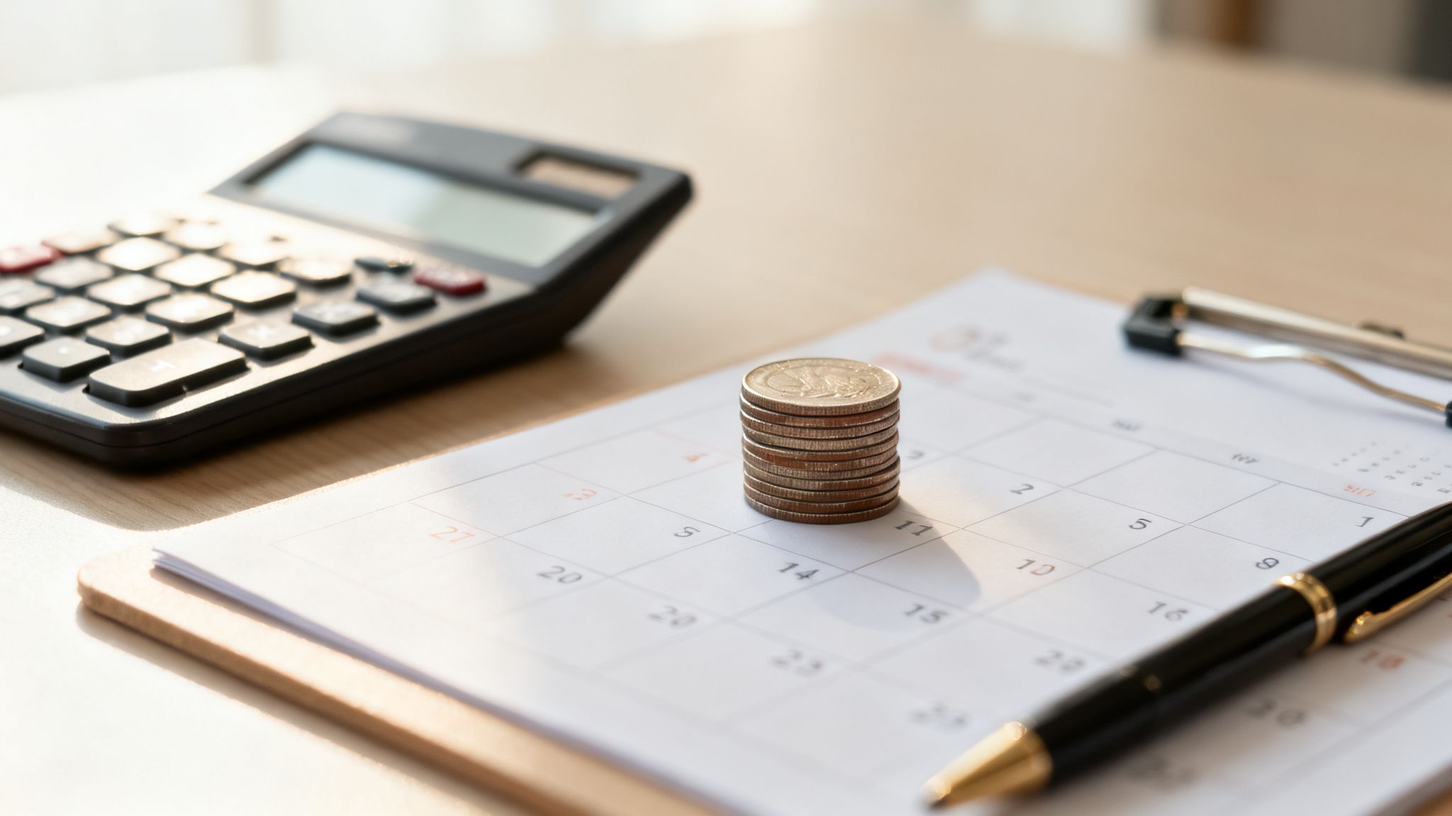 Calculadora, pila de monedas, calendario y bolígrafo sobre una mesa de madera, representando finanzas y planificación.