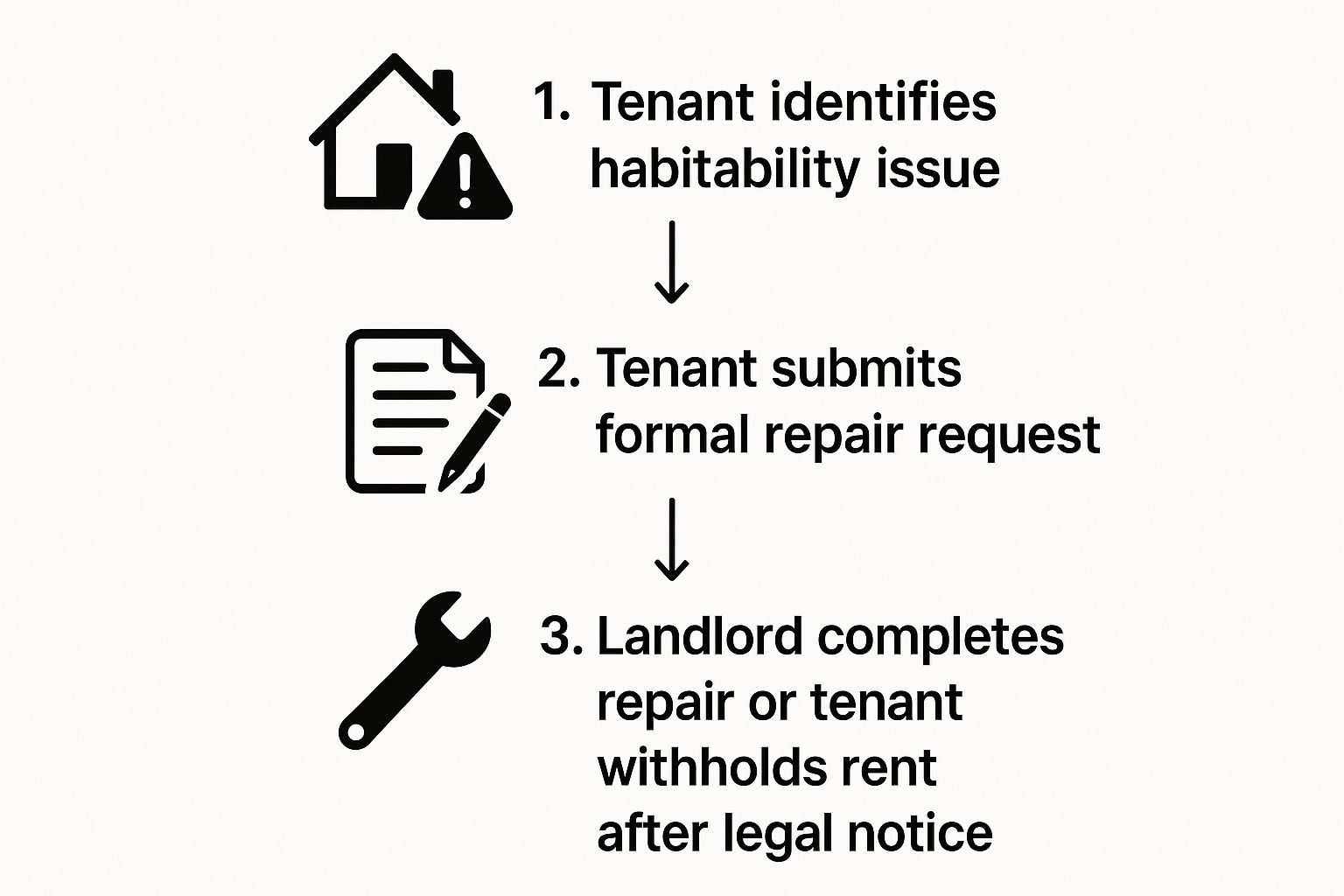 Infographic outlining Texas tenant rights process for addressing habitability issues: tenant identifies issue, submits formal repair request, landlord completes repair or tenant withholds rent after legal notice.