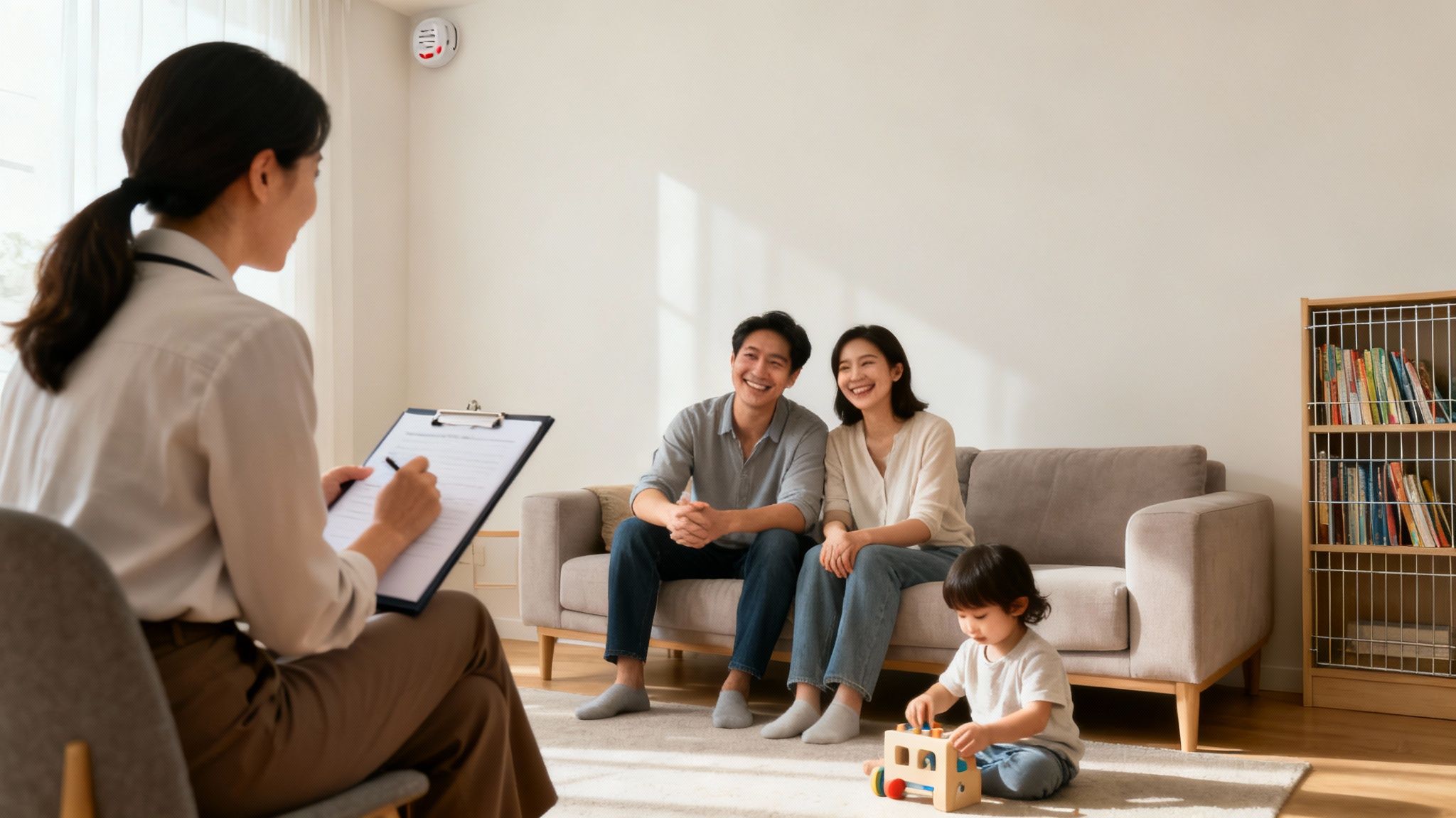 Happy Asian family with a child consulting a professional taking notes in a bright room.