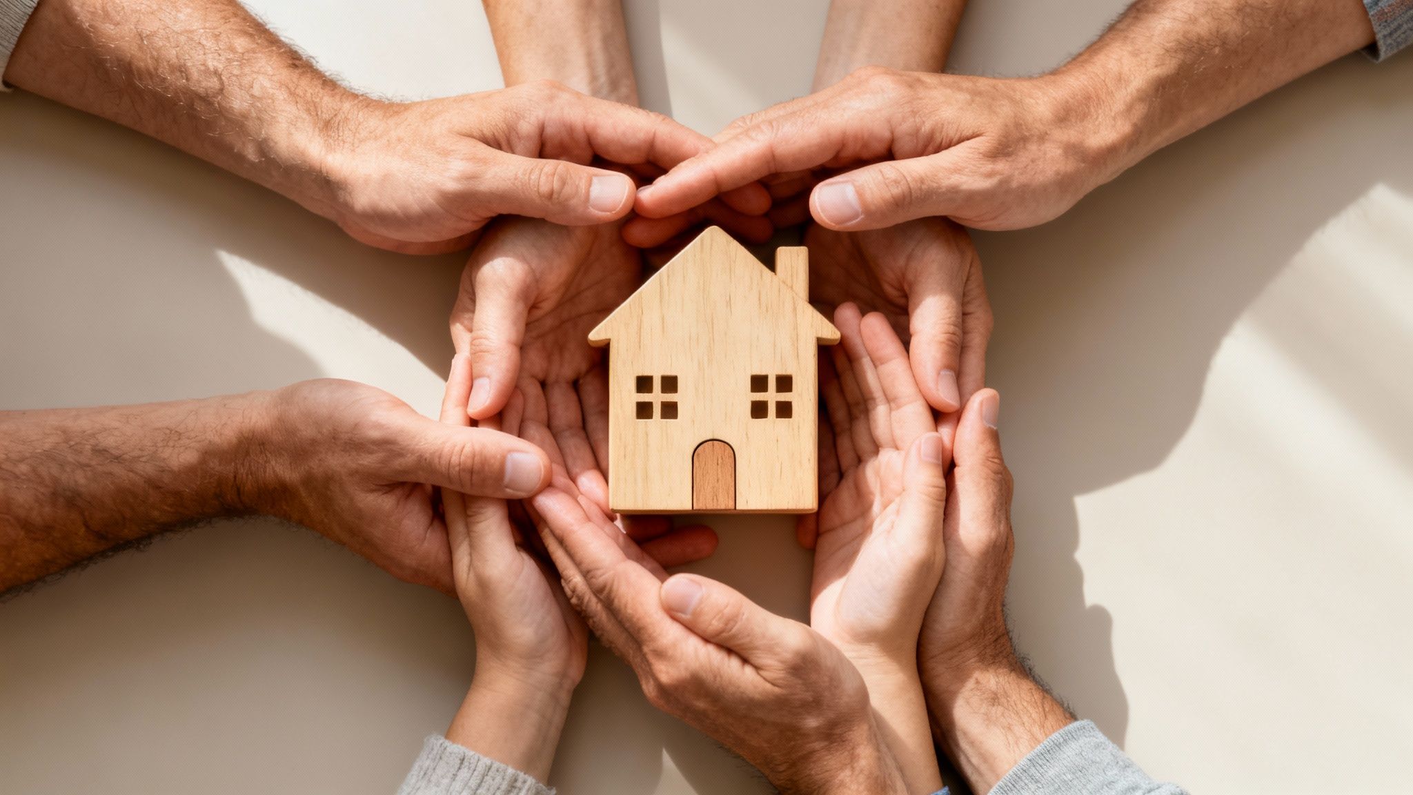 Diverse hands protectively surrounding a wooden miniature house, symbolizing family and home security.