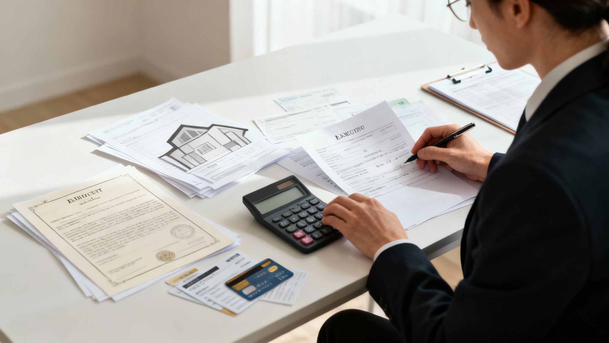 A desk with an open ledger, calculator, and various financial documents, representing the meticulous management of estate assets.