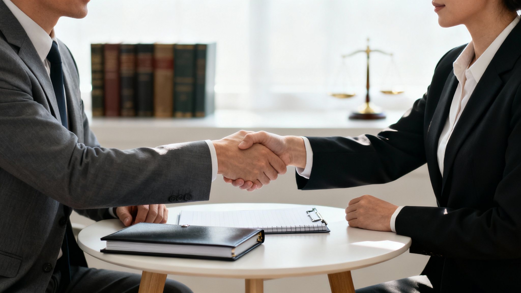 Two legal professionals in suits shaking hands across a table with legal books and a scale of justice in the background.