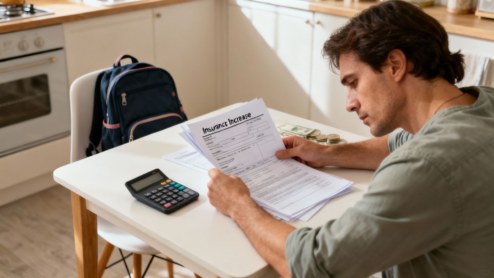 A person looking stressed while reviewing bills and financial documents.