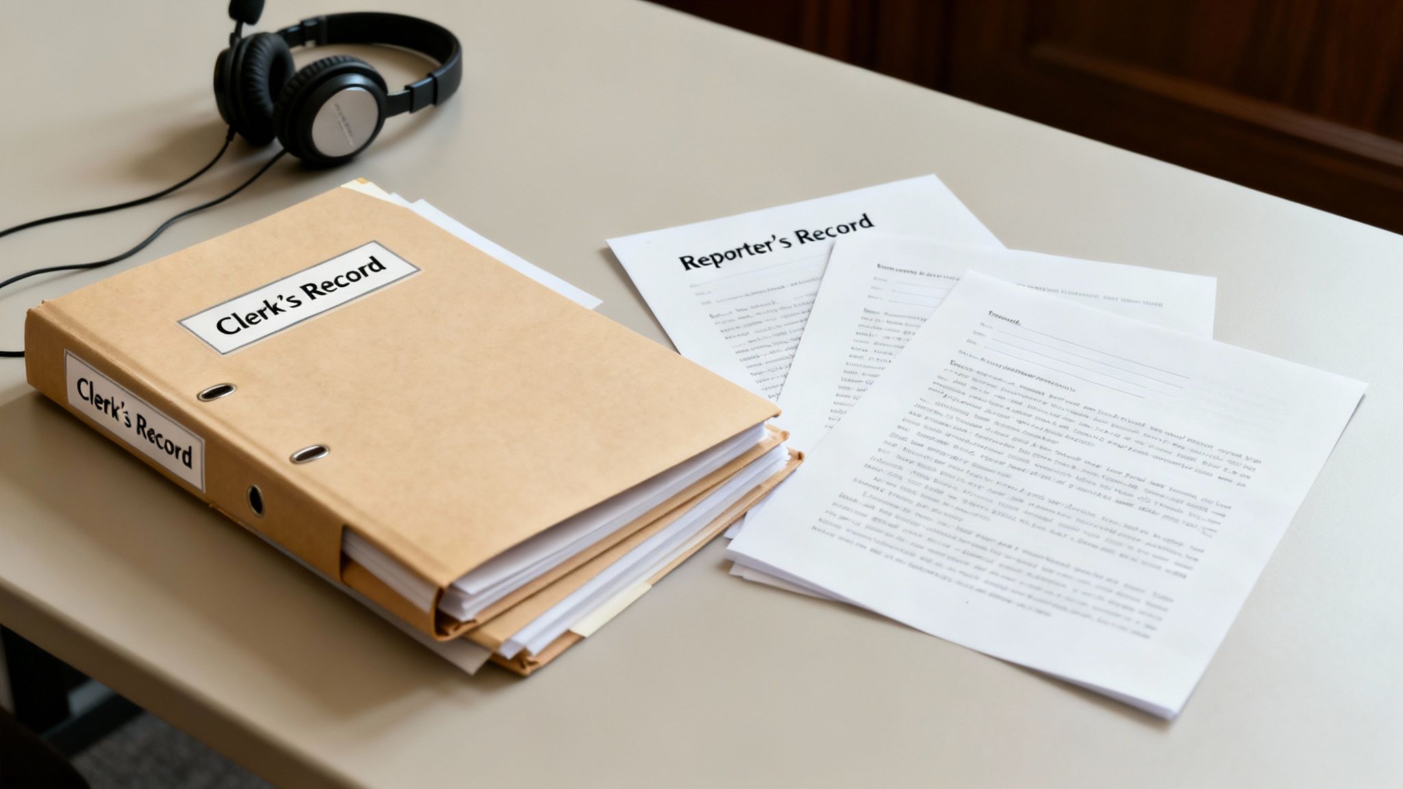 Clerk's Record binder and Reporter's Record documents on a table, emphasizing the importance of trial records in family court appeals in Texas.