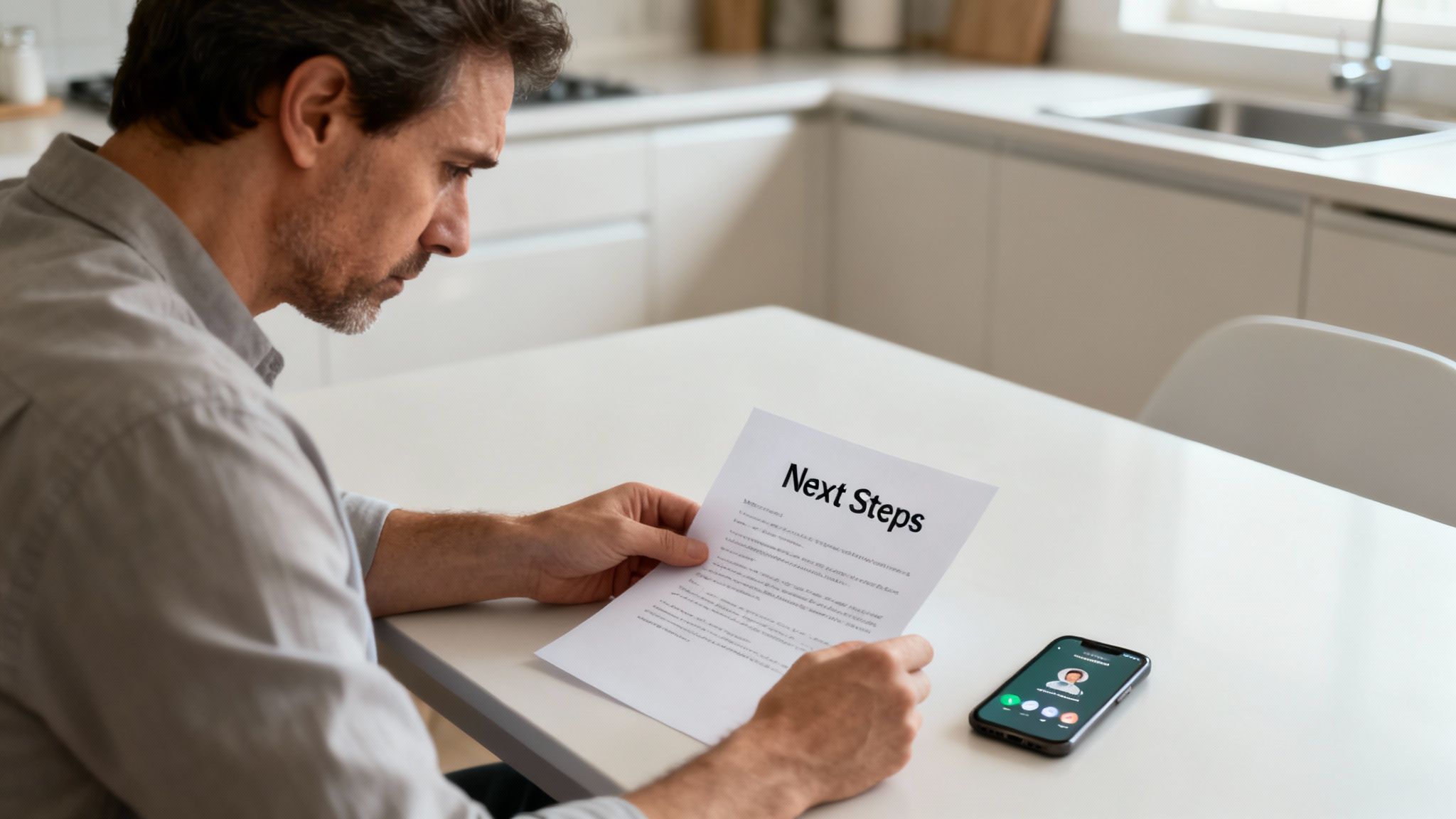 A man sits at a table, focused on a document titled 'Next Steps', with an incoming call on his phone.