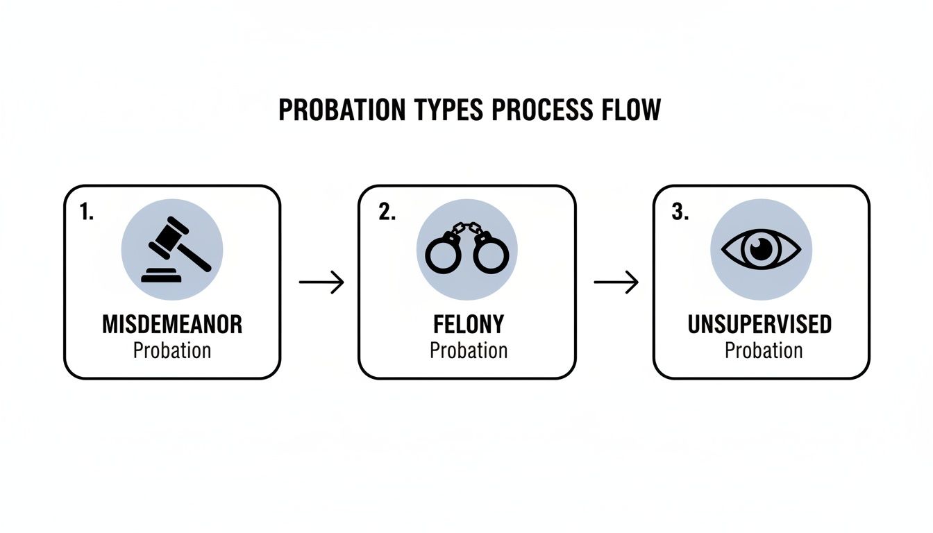 Flowchart illustrating misdemeanor, felony, and unsupervised probation types with corresponding icons.