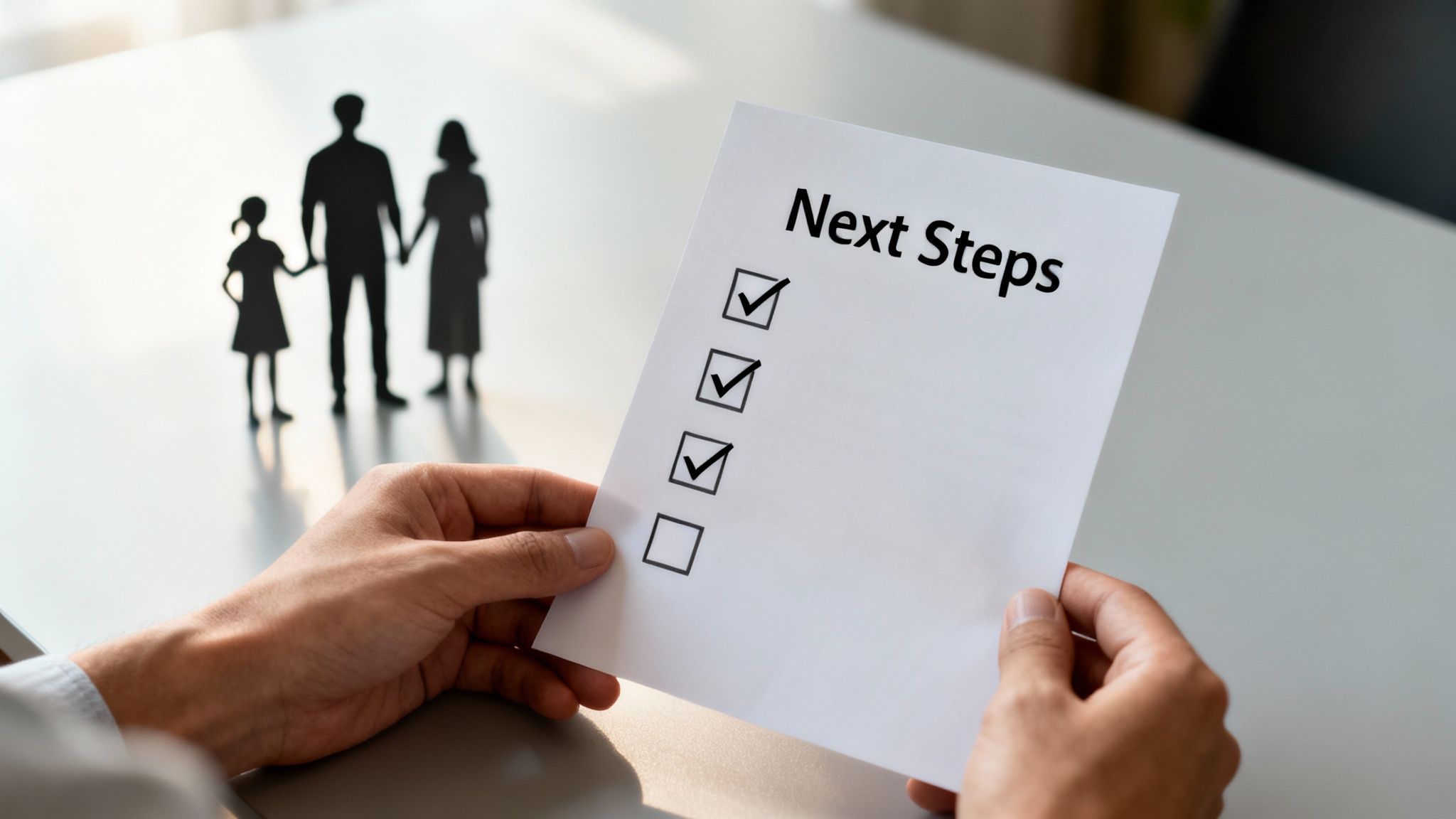 Hands hold a 'Next Steps' checklist with three items completed, in front of a family silhouette.