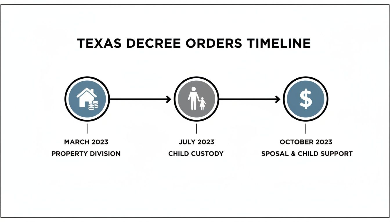 Timeline of Texas divorce decree orders from March to October 2023, covering property division, child custody, and support.