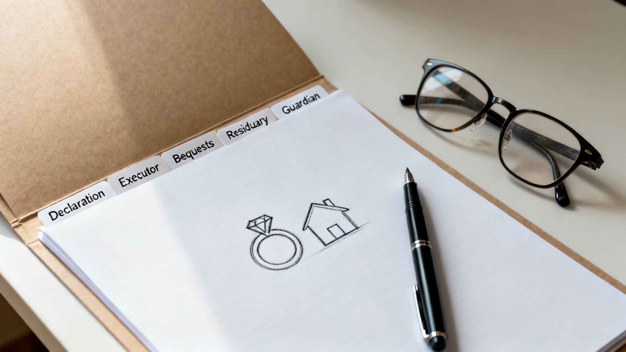 Open file folder with will tabs, sketches of a diamond ring and house, pen, and glasses.