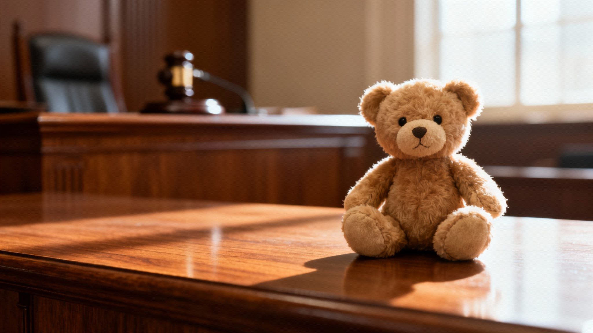 Un osito de peluche sentado en un escritorio de madera en una sala de justicia, con un mazo de juez de fondo, simbolizando la protección de niños.