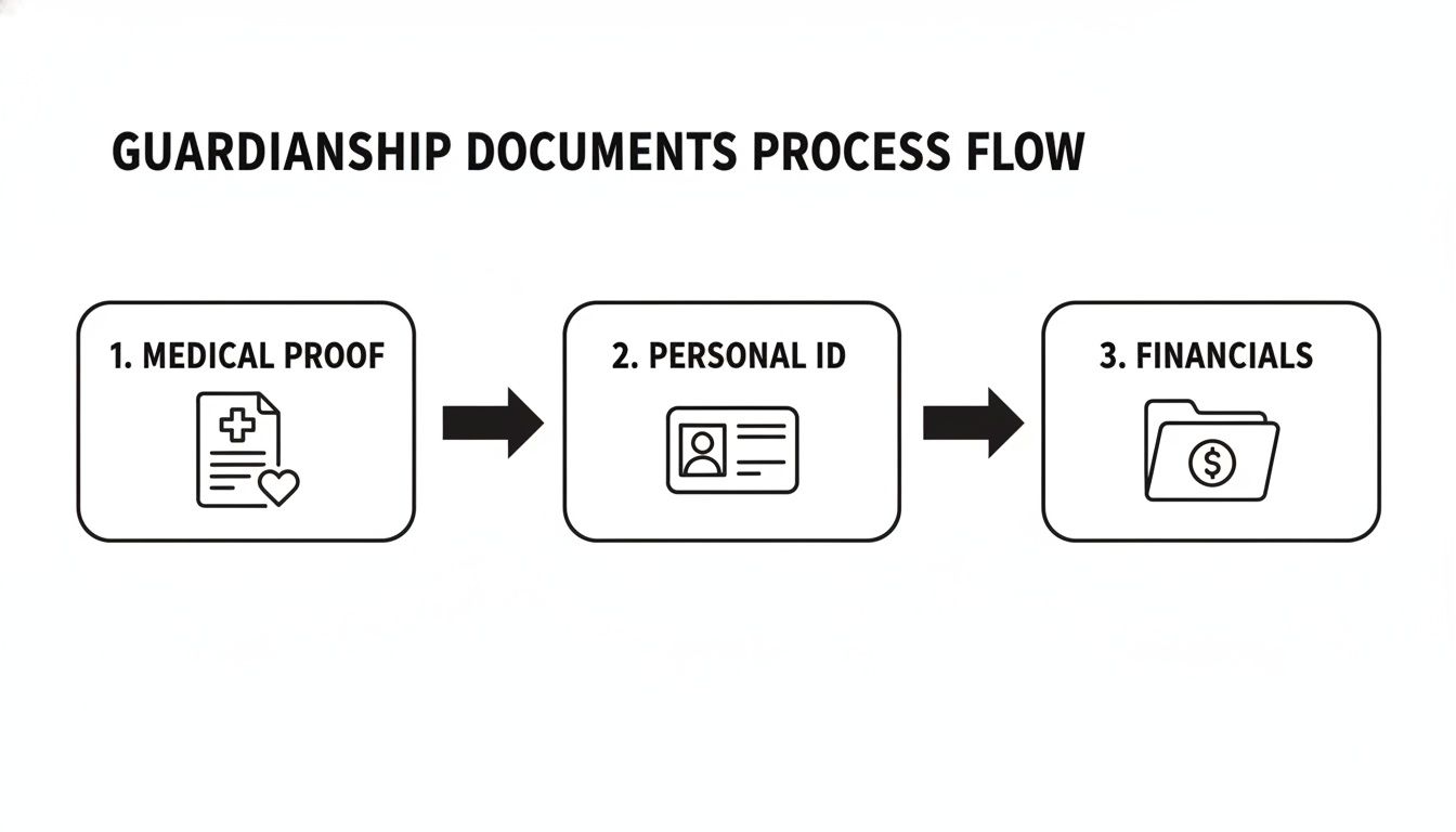 A process flow diagram outlining the steps for guardianship documents, including medical proof, personal ID, and financials.