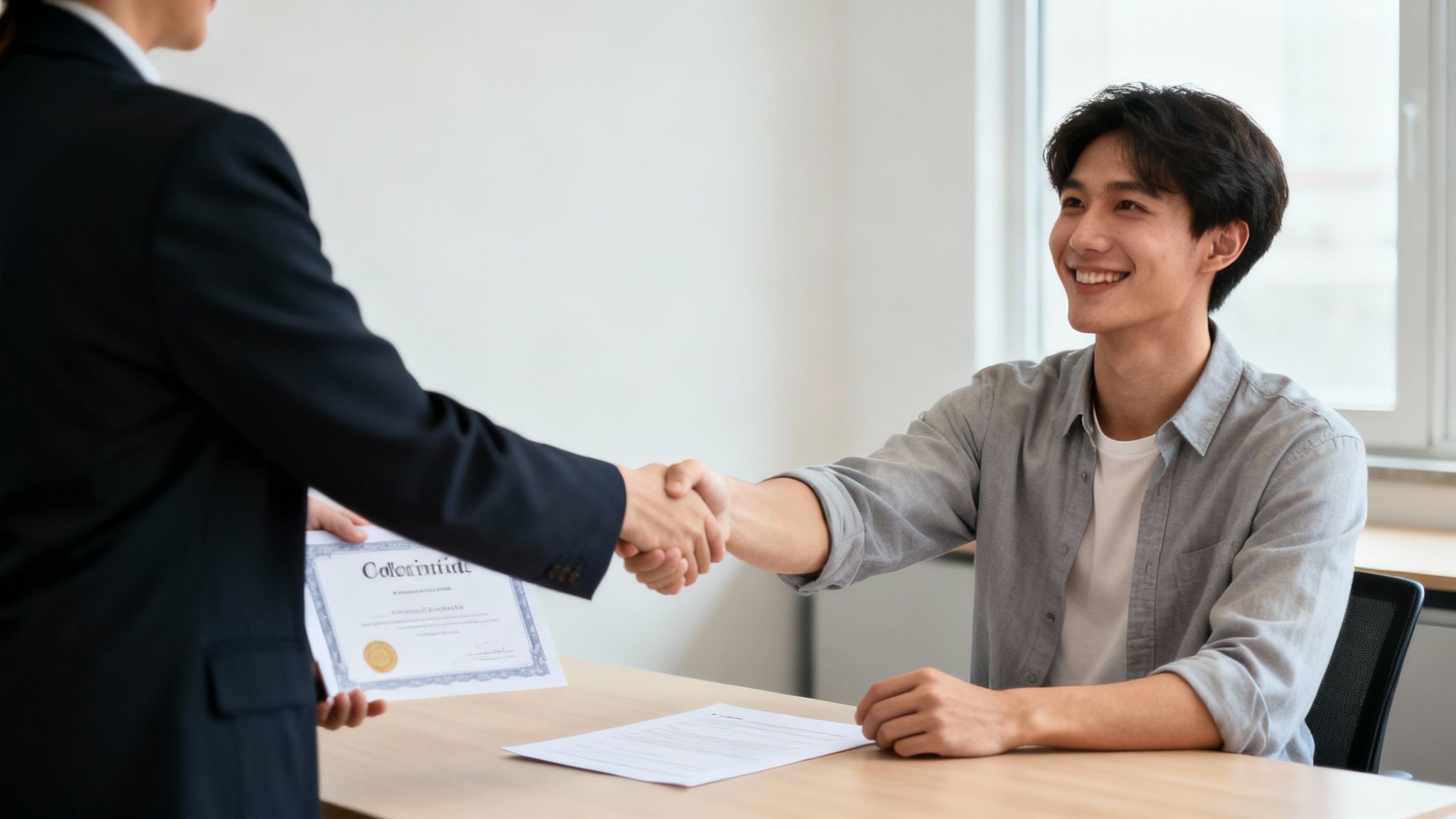 A young man smiling while shaking hands with a person presenting a certificate.