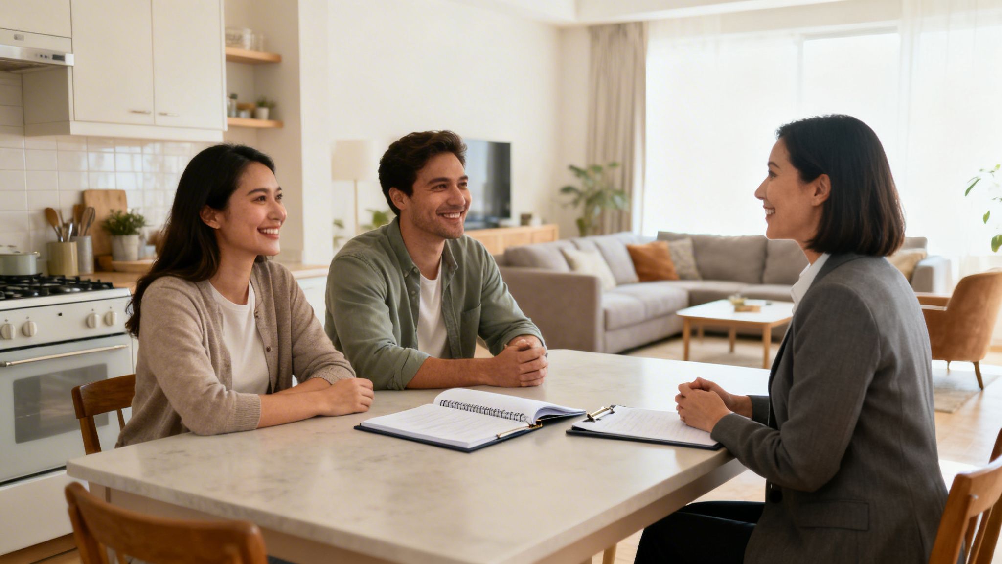 Three smiling people, two clients and a professional, discussing documents at a table in a modern home.