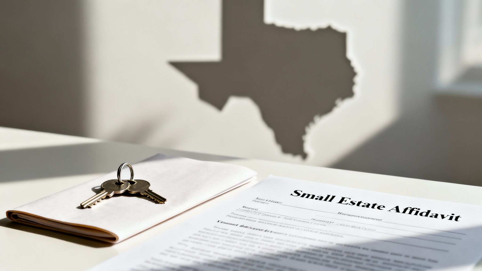 A Small Estate Affidavit document, keys on a notebook, and a Texas state shadow on the wall.