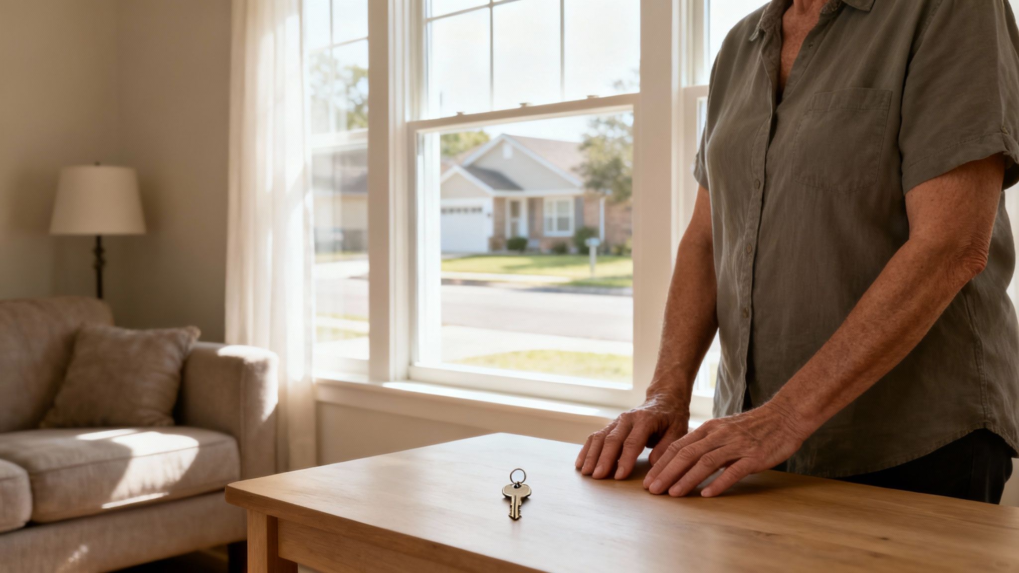 Person standing at table with house key contemplating property ownership after divorce settlement