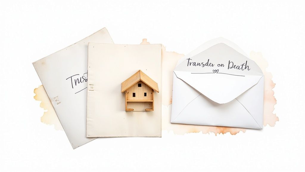 Wooden house model on estate planning documents labeled "Trust" and "Transfer on Death," symbolizing strategies for managing asset distribution in Texas.