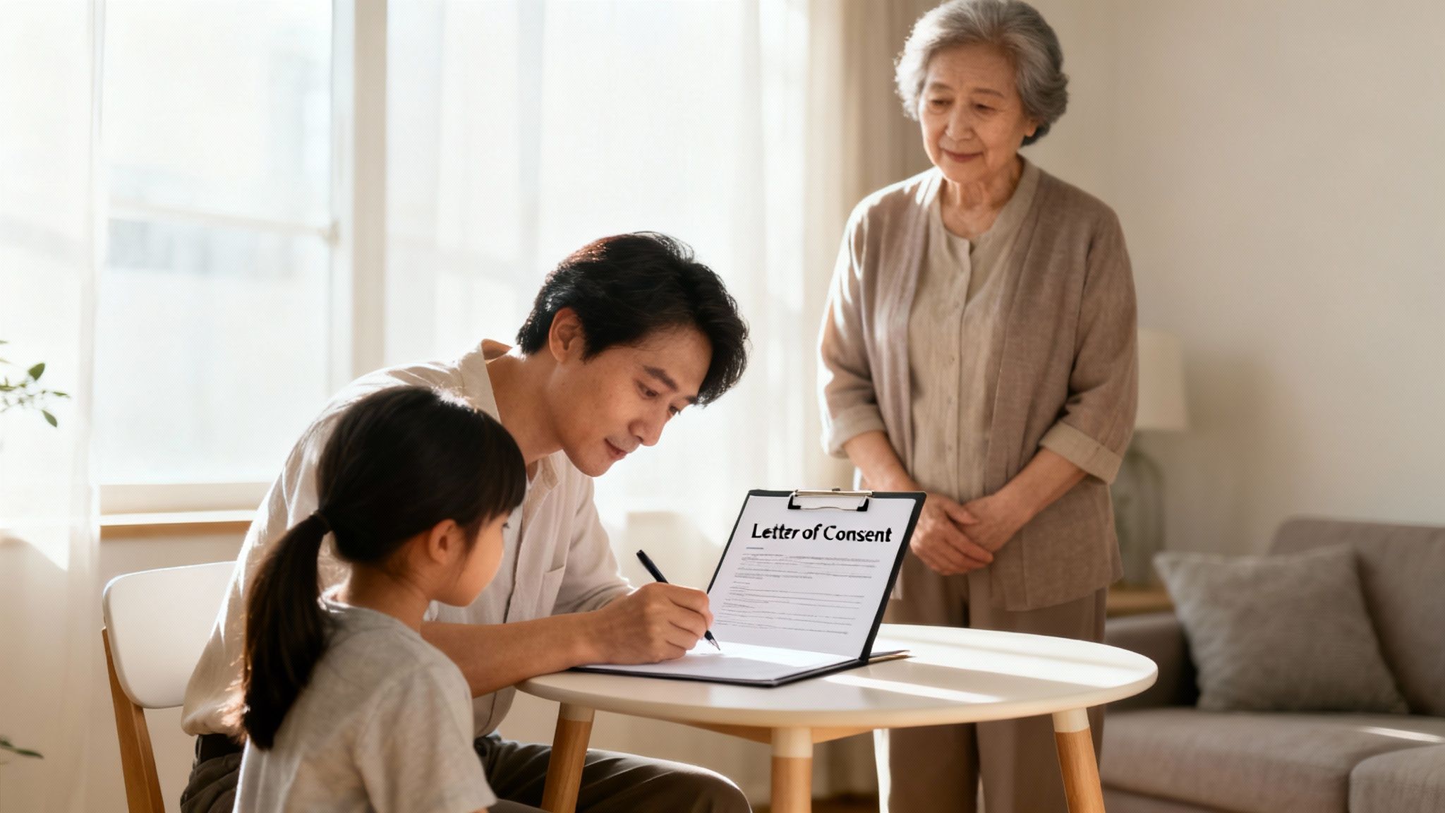 An Asian man signs a Letter of Consent at a table, with his daughter and mother observing.