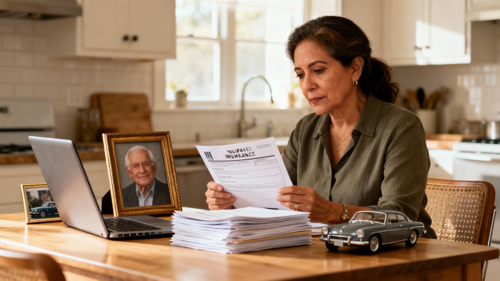 A woman reviews insurance documents at a table with a laptop, framed photos, and a toy car.