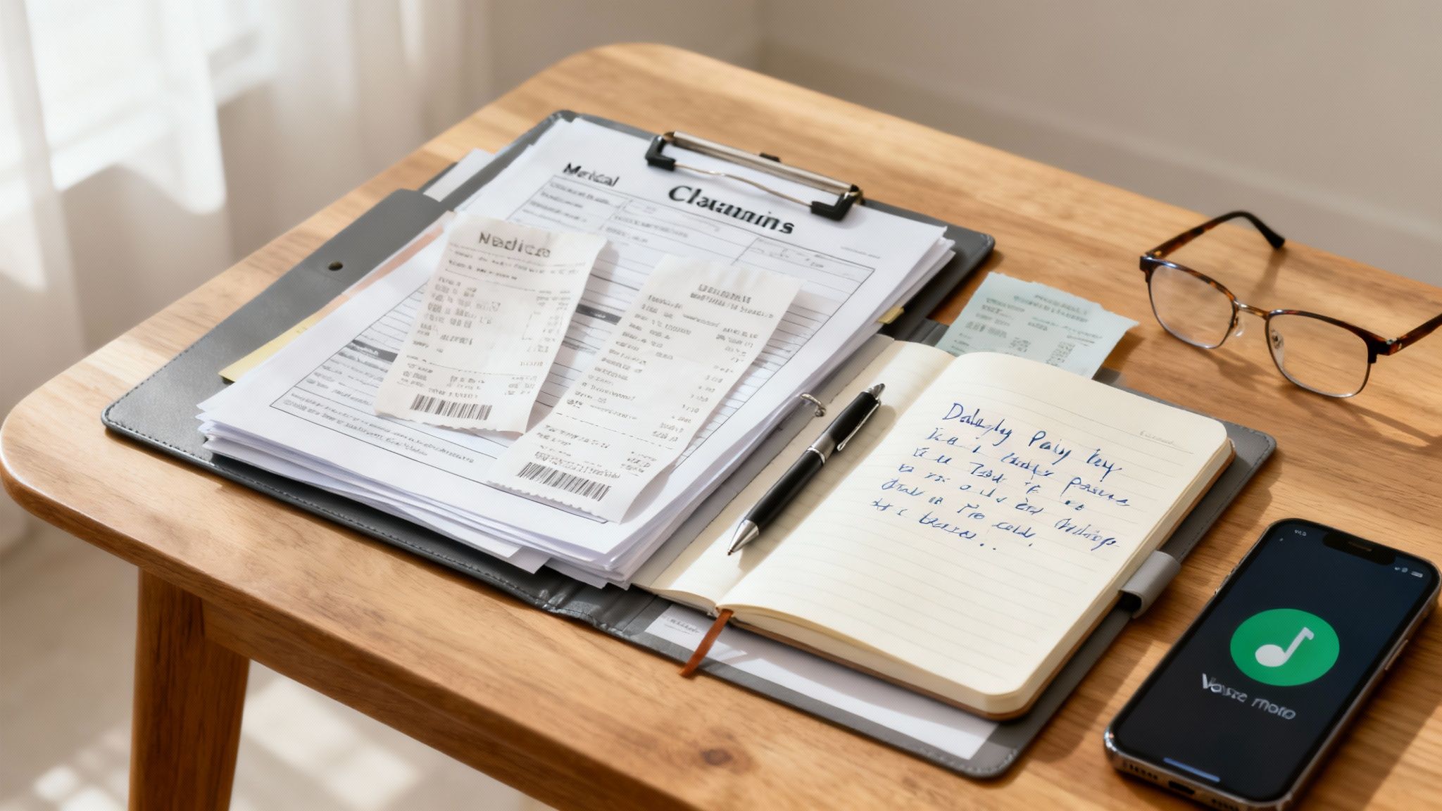 A close-up of a wooden desk with medical claims, receipts, a notebook, glasses, and a smartphone.