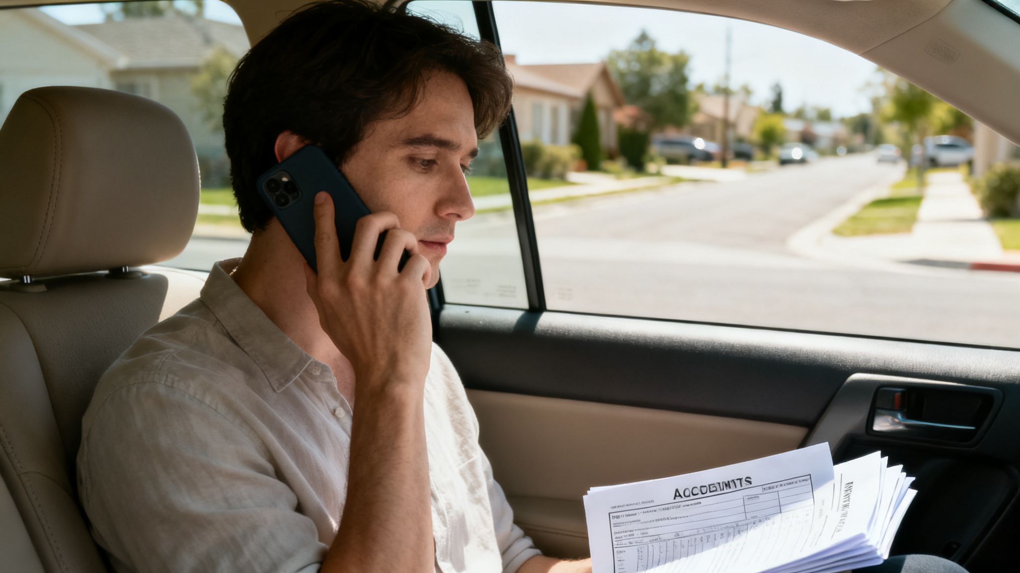 Man in a car talking on a phone while reviewing accident insurance papers.