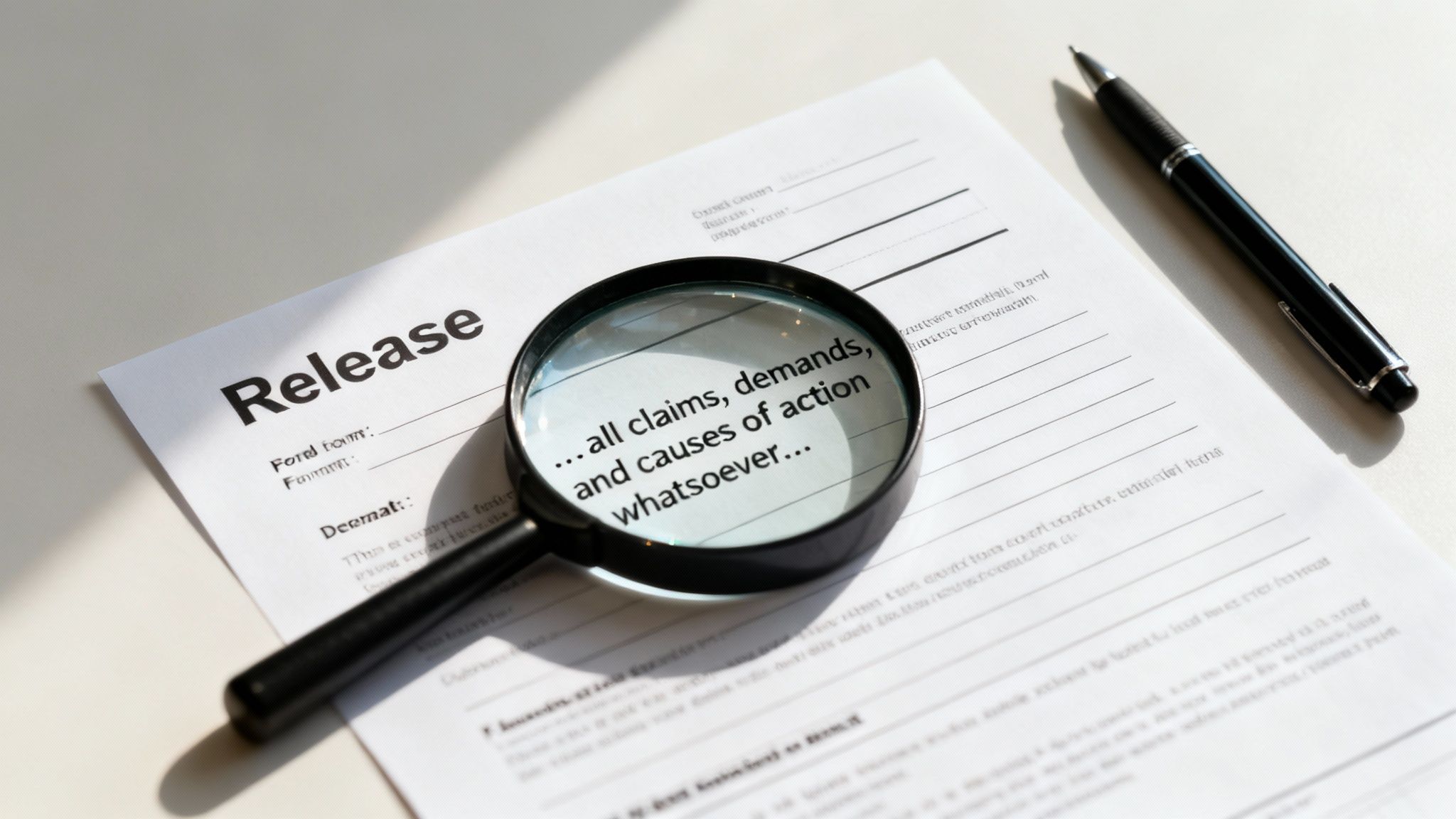 A magnifying glass on a legal release form, highlighting text about 'all claims and demands', with a pen nearby.